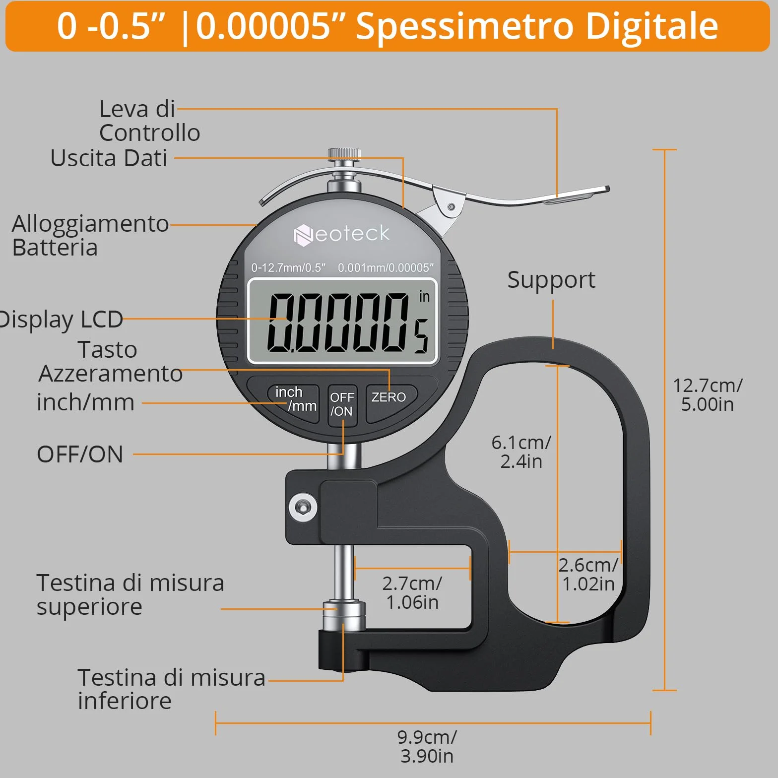 Neoteck Micrometro Digitale 0-12.7mm Risoluzione 0.001mm Calibro Spessore LCD Misuratore di Precisione