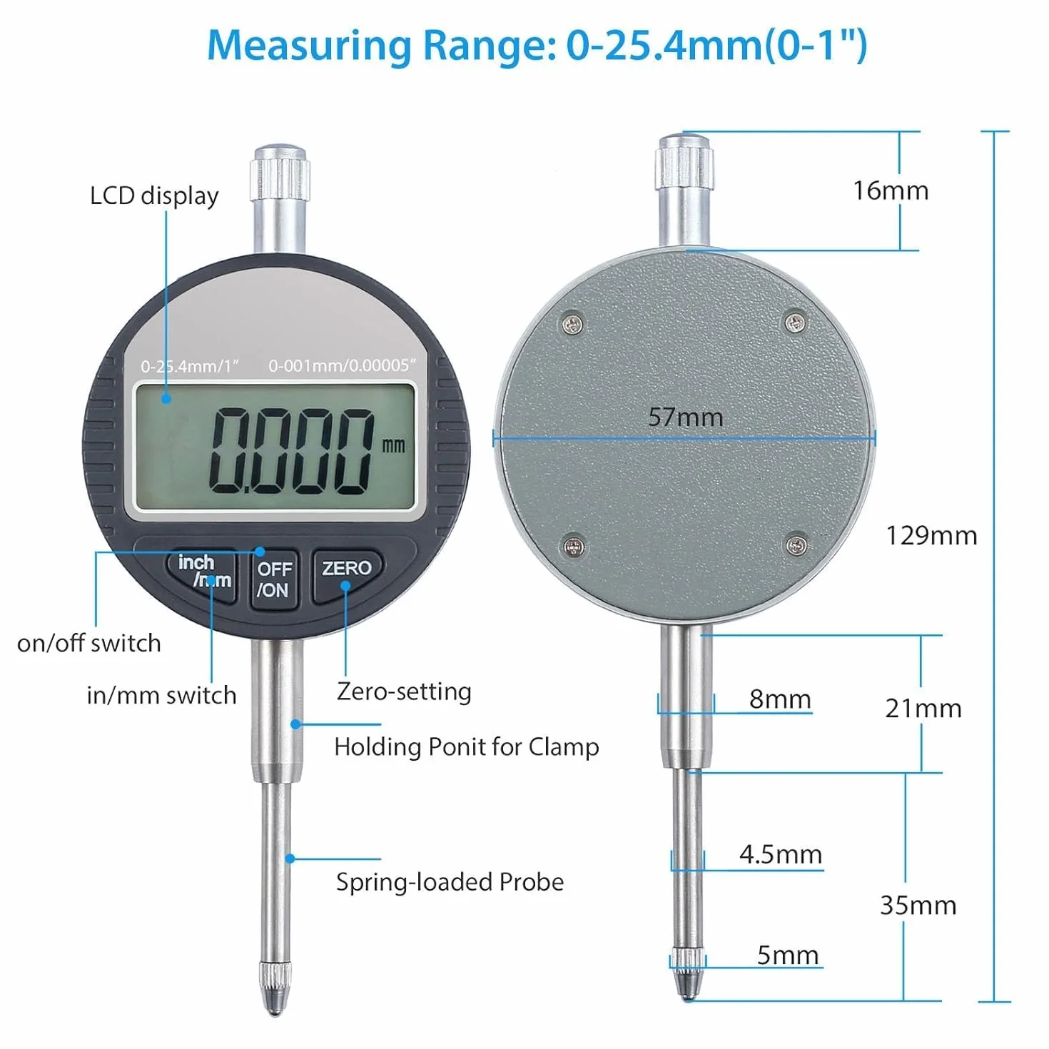 AUTOUTLET Comparatore Micrometro Millesimale DTI 0,001/0,00005” Indicatore a Quadrante Digitale Calibro di Precisione da 0-25,4 mm/1'' Indicatore Elettronico