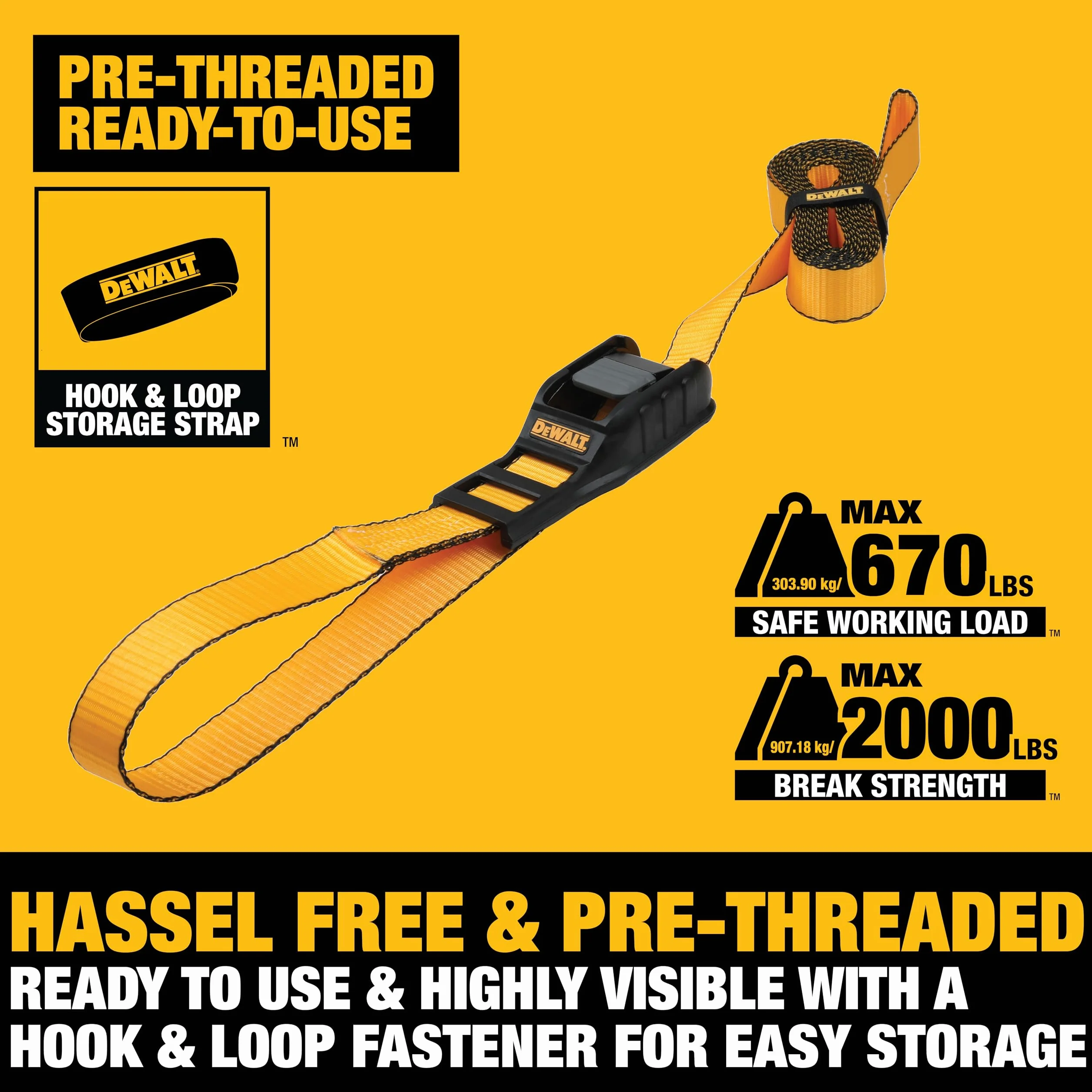 DEWALT DXBC90046 - Cinghie di ancoraggio di alta qualità, 3,2 x 3,2 cm, carico di lavoro sicuro 303,9 kg, resistenza alla rottura 0,9 kg, confezione da 2