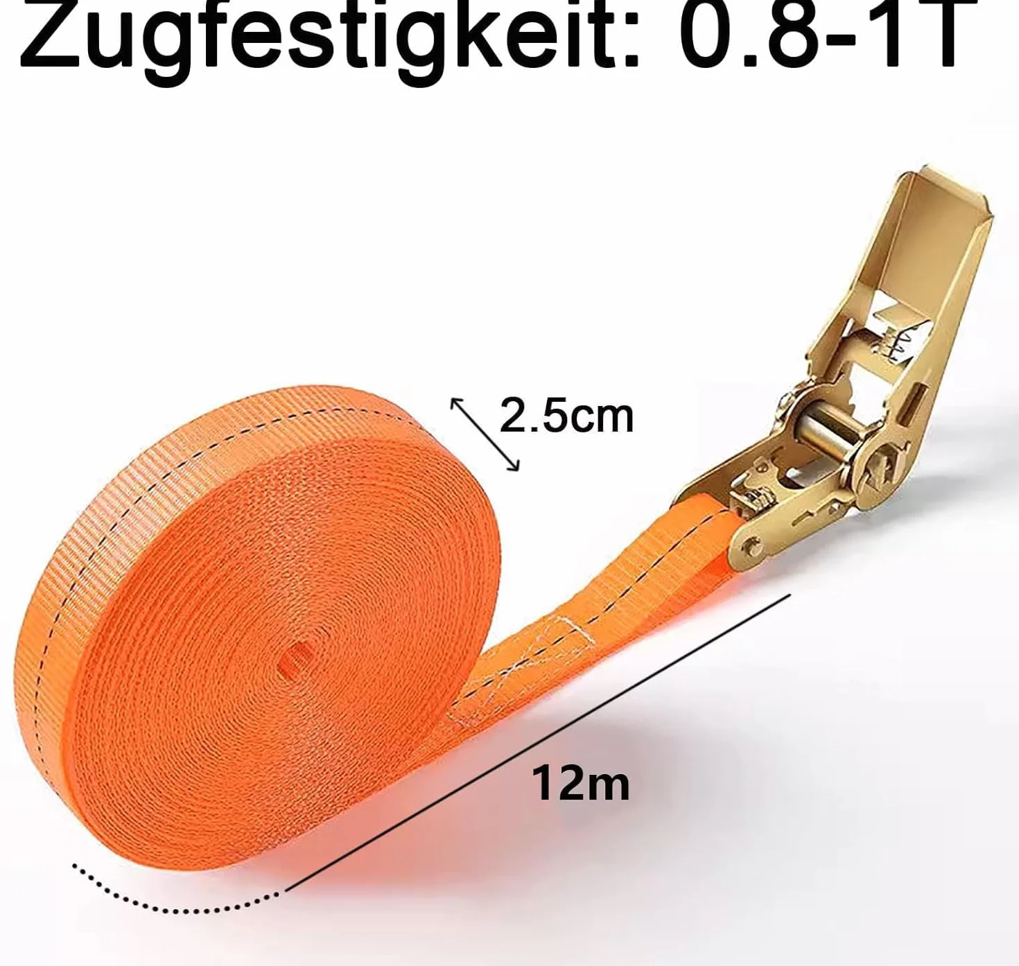 BetterJonny - Cinghia di ancoraggio, 15 m, con fibbia di serraggio, 1000 kg, larghezza della cinghia 25 mm, cinghia a cricchetto con cricchetto per fissaggio auto, moto (arancione)