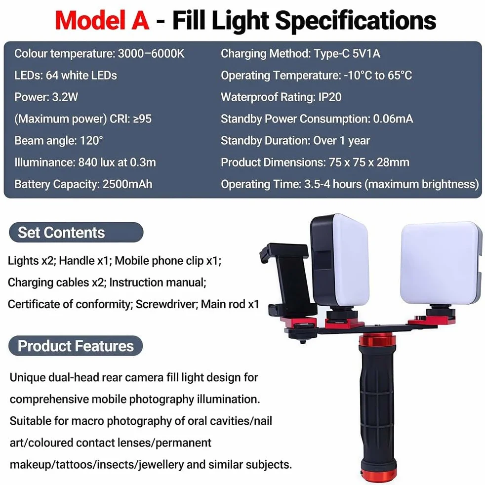 Dental Photography Aid - Supplemento luminoso di riempimento per fotocamere cellulari, ideale per cosmetologia e fotografia macro di prodotti