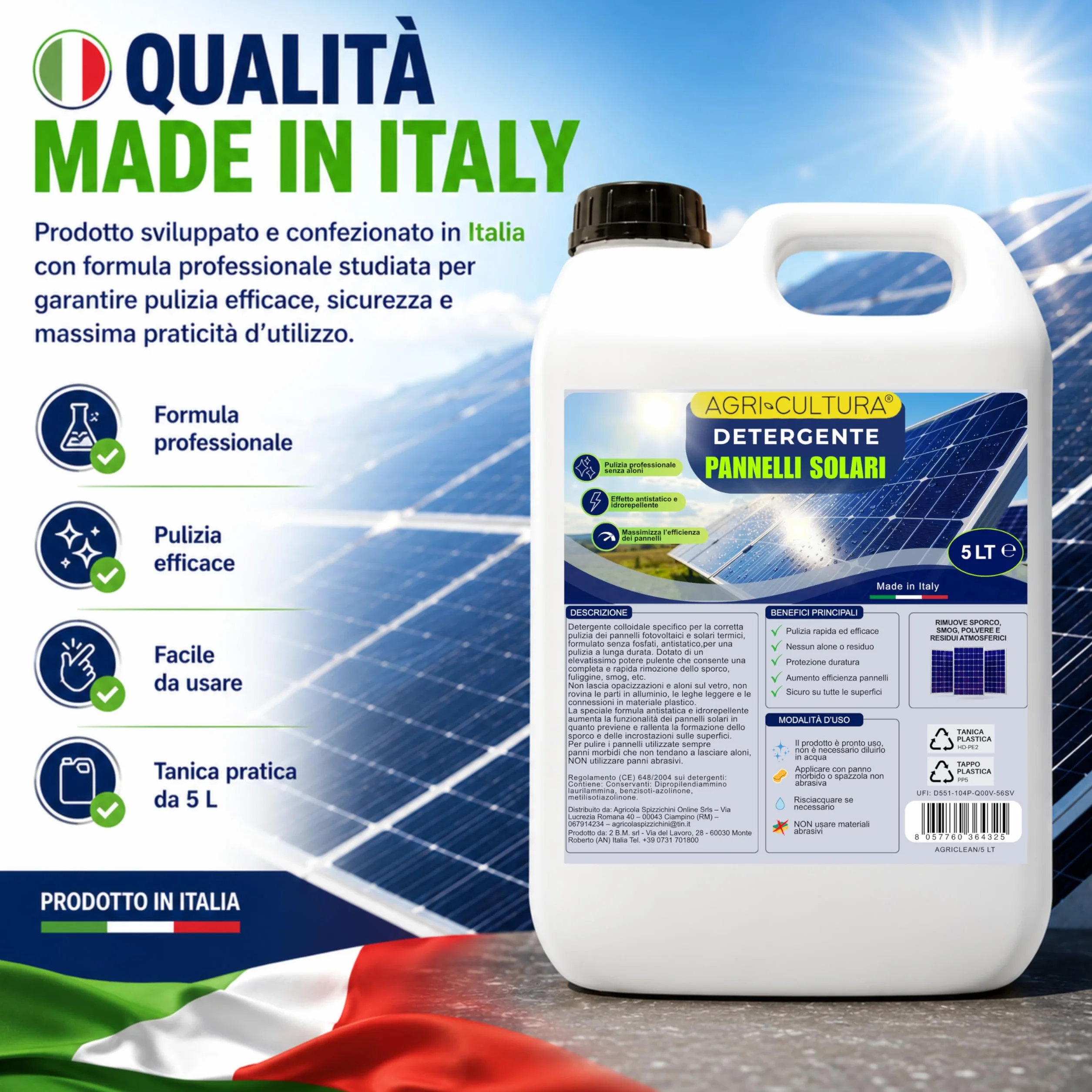 Detergente Pannelli Fotovoltaici 5L Antistatico Senza Aloni