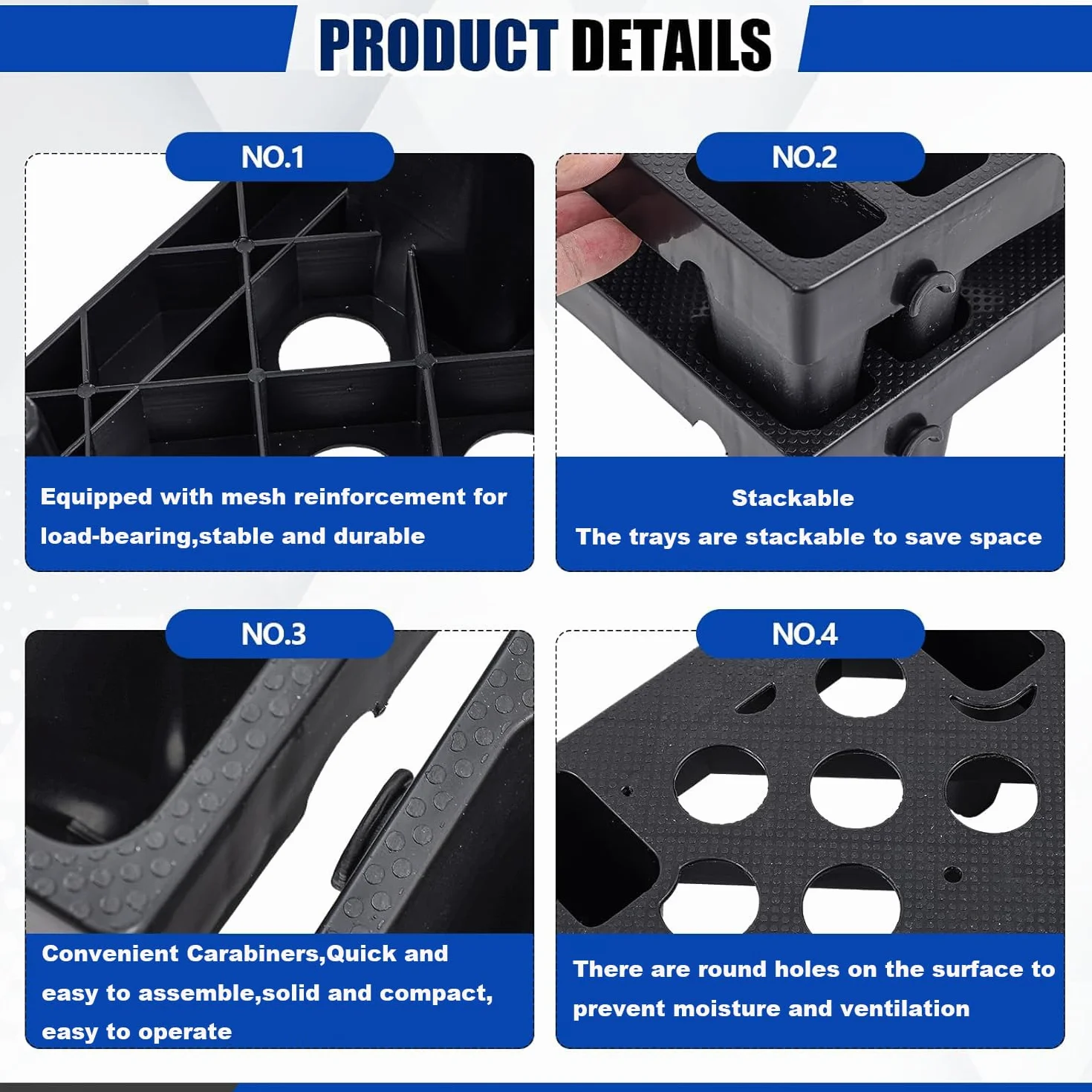 4 pezzi Pallet in plastica, Bancale Pallet impilabile resistente all'umidità con griglie traspiranti per supermercati, garage e magazzini, 50x30x10 cm