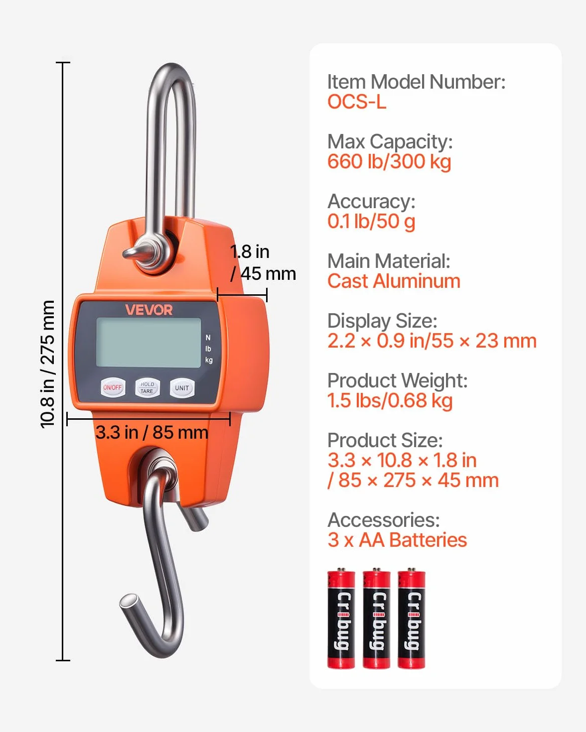 VEVOR Bilancia Digitale a Gancio per Carico Valigia 300kg Portatile LCD Precisione 50g Arancione
