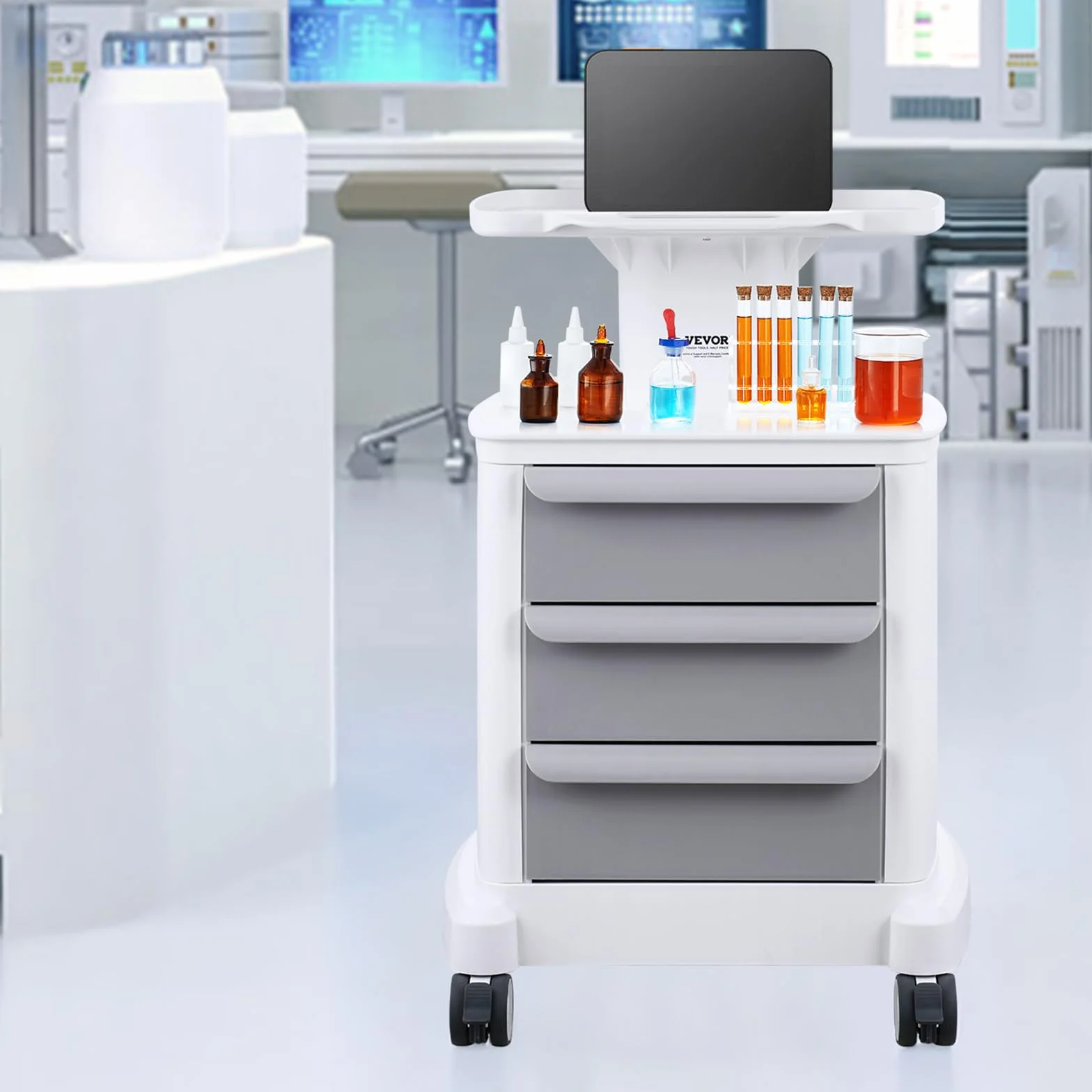 VEVOR Carrello da Laboratorio 4 Ripiani con 3 Cassetti 1 Vassoio Superiore 4 Ruote, Bianco