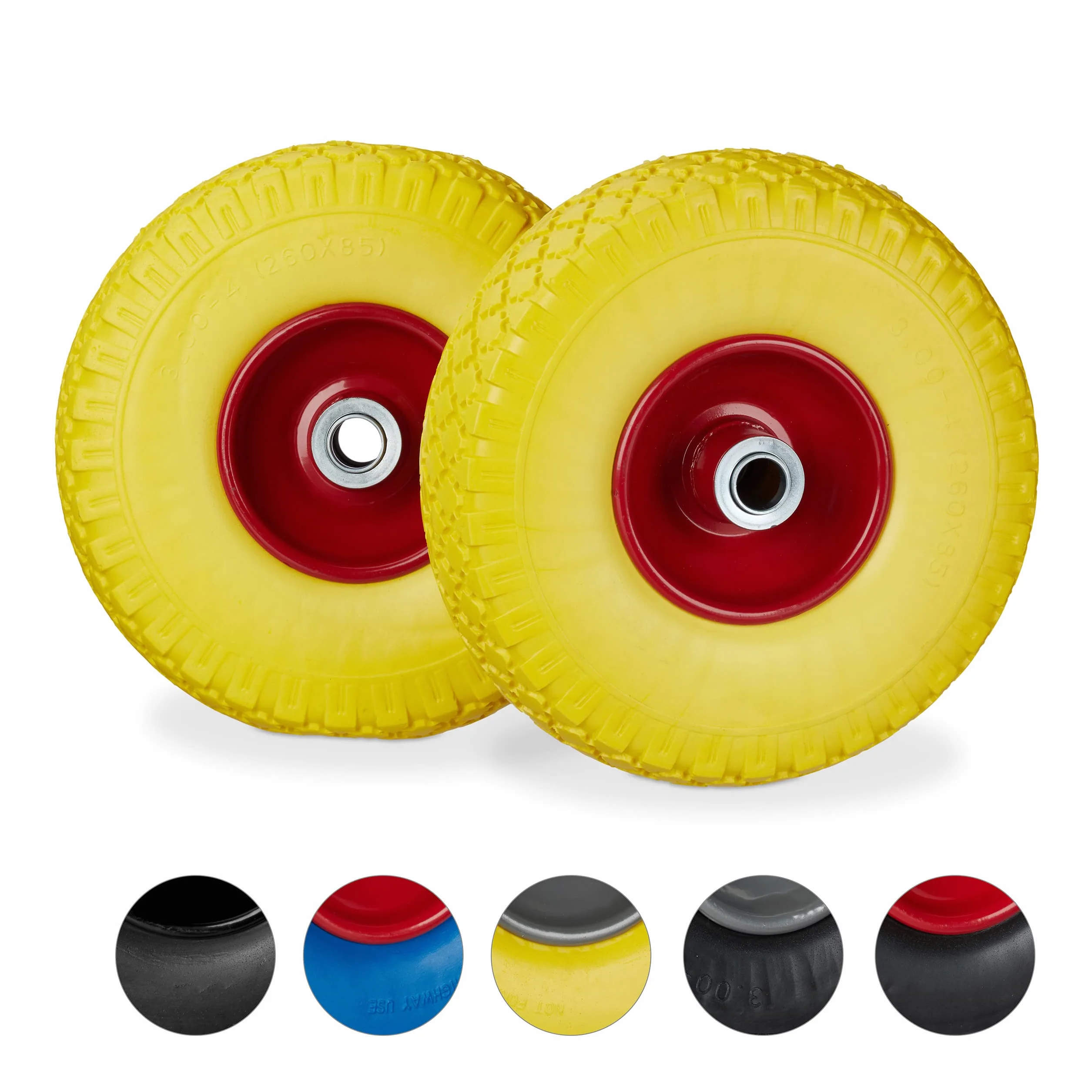 relaxdays 2 Ruote per Carrello Standard, in Gomma Antipanne, 3.00-4", ASSE 20mm, Max.150 kg, 260x85 mm, Giallo-Rosso