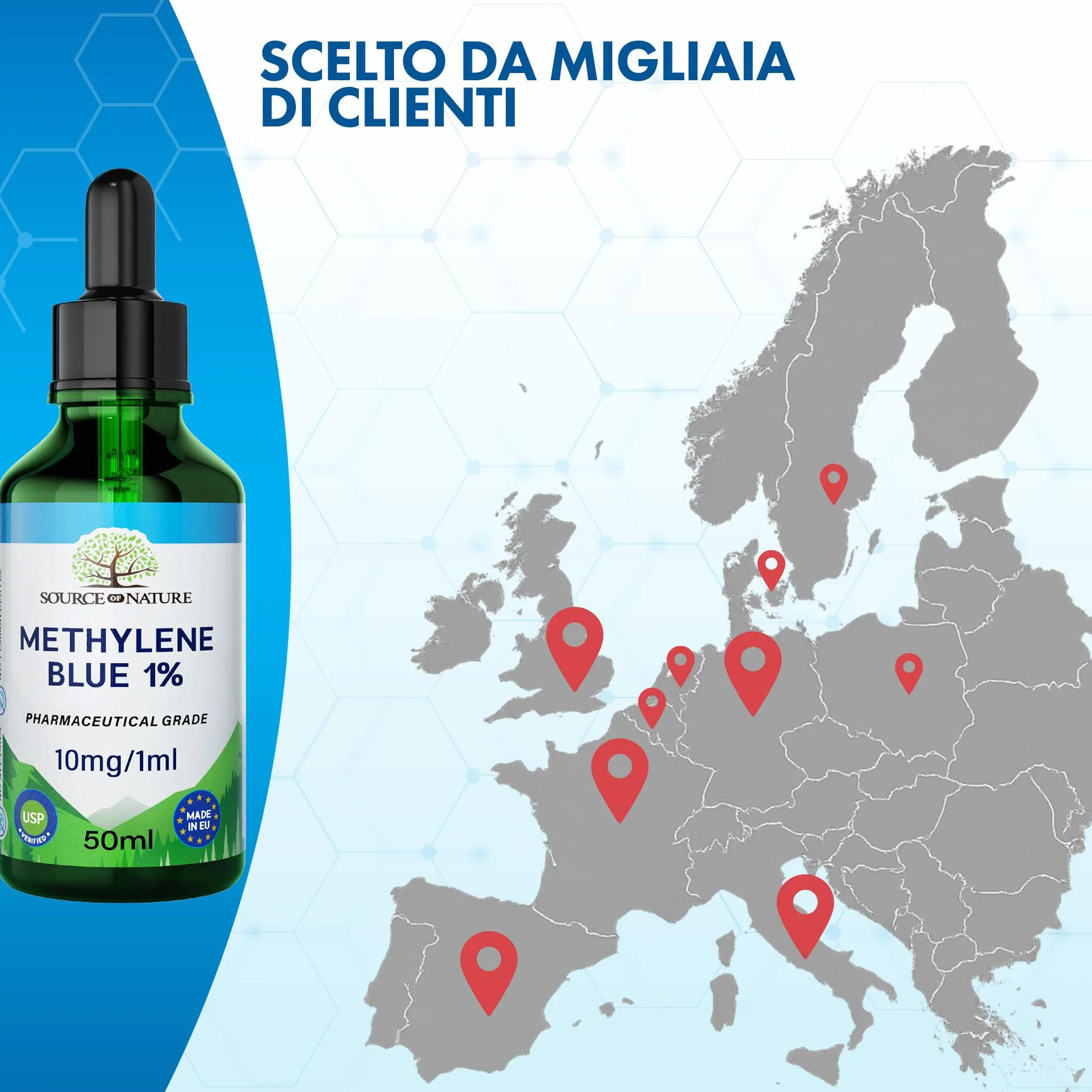 Blu di Metilene (Metilene Blu) 1% Soluzione | 50 ml Flacone con Pipetta | Qualità Farmaceutica USP | Alta Purezza | Senza Alcol e Formaldeide | Vetro Scuro Protettivo