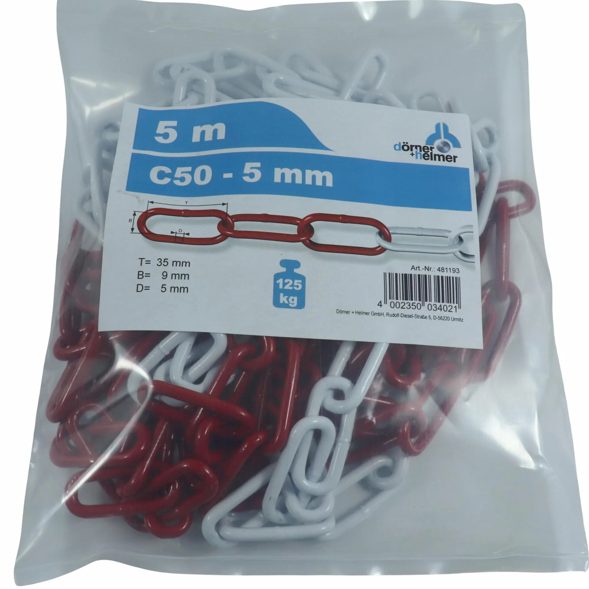 Dörner + Helmer Catena di sbarramento, spessore 5 mm, lunghezza 5 m, acciaio zincato, sbarramento, sacchetto di plastica, a maglie lunghe, rosso/bianco