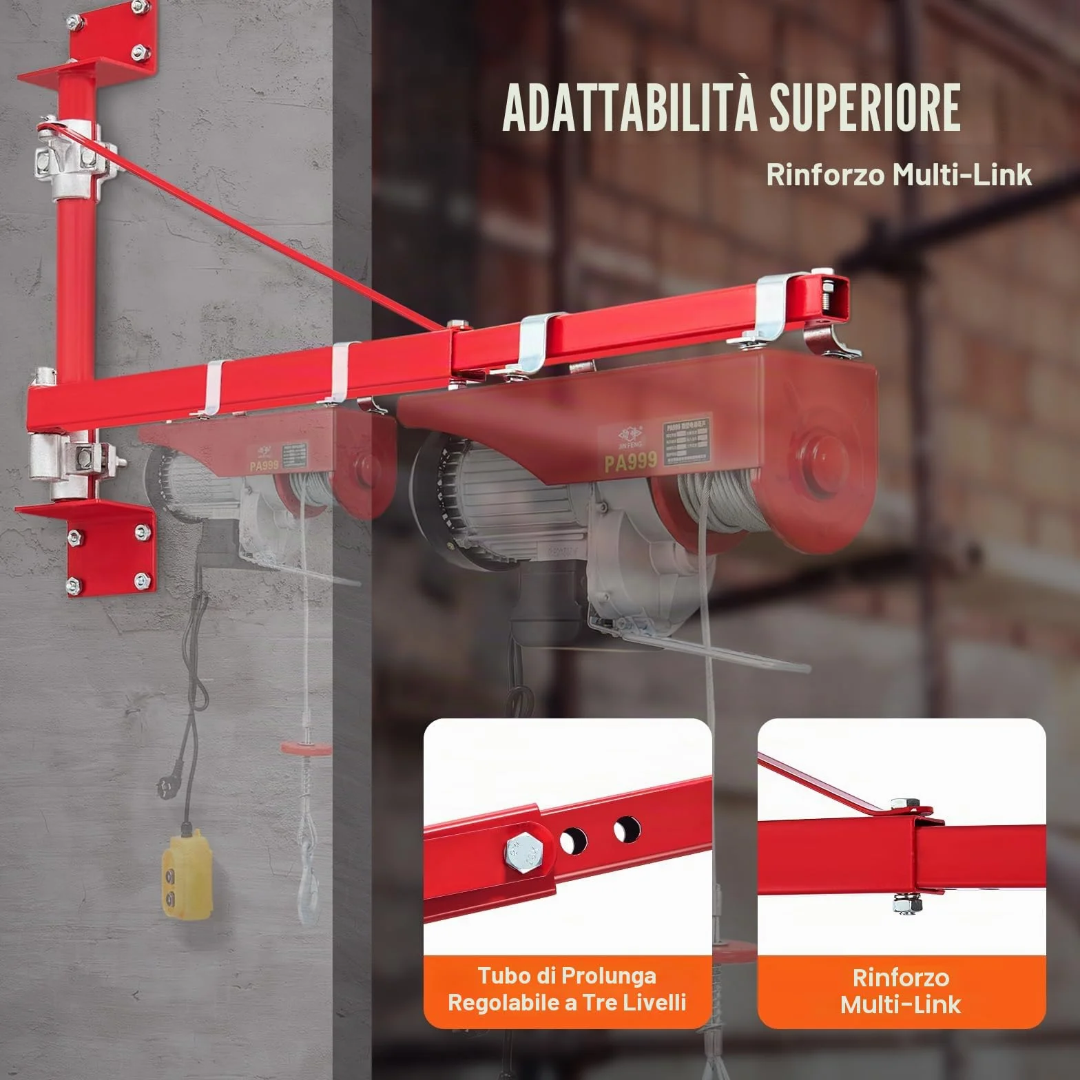 VEVOR Braccio Supporto per Paranco Elettrico, Capacità Carico 600 kg, Braccio di Supporto per Paranco Girevole con Asta, Telaio di Sollevamento in Acciaio a 180° per Officina, Garage