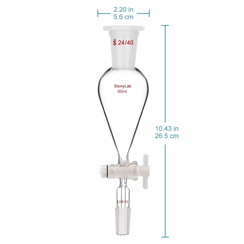 stonylab Imbuto Separatore con Rubinetto di Arresto PTFE, Imbuto Separatore Conico a Forma di Pera da 60 ml in Vetro Borosilicato a Parete Pesante con 24/40 Giunti