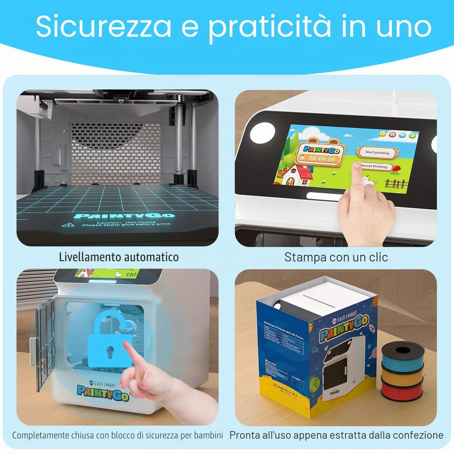 Stampante 3D PrintyGo Mini per bambini, stampante autolivellante da 600 mm/s per principianti con touch screen da 5", design sicuro per bambini, controllo Wi-Fi/app, regalo di apprendimento STEM