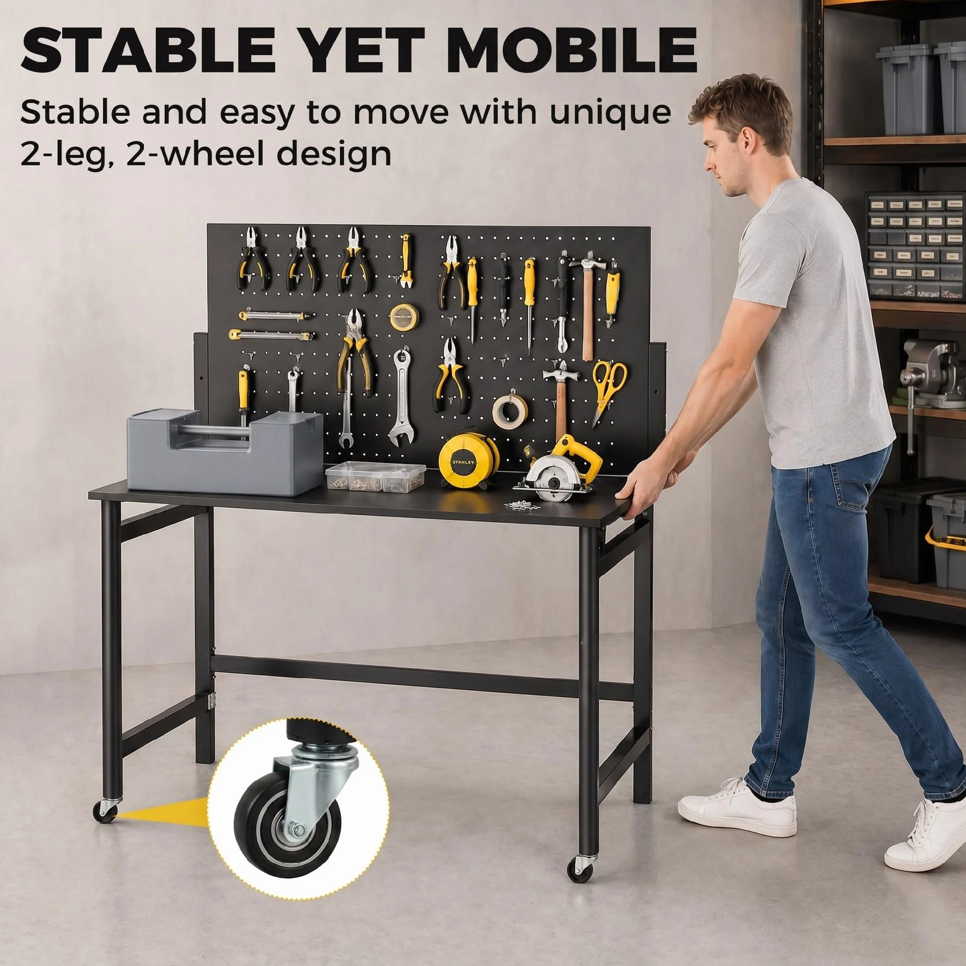 HOMCOM Banco da Lavoro Pieghevole 9cm, Tavolo da Lavoro con Pannello Forato e 30 Ganci, Ruote, 115x62x143.5cm, Piano Spesso in Legno, Struttura in Acciaio, Garage, Officina e Casa, Portata 120kg, Nero