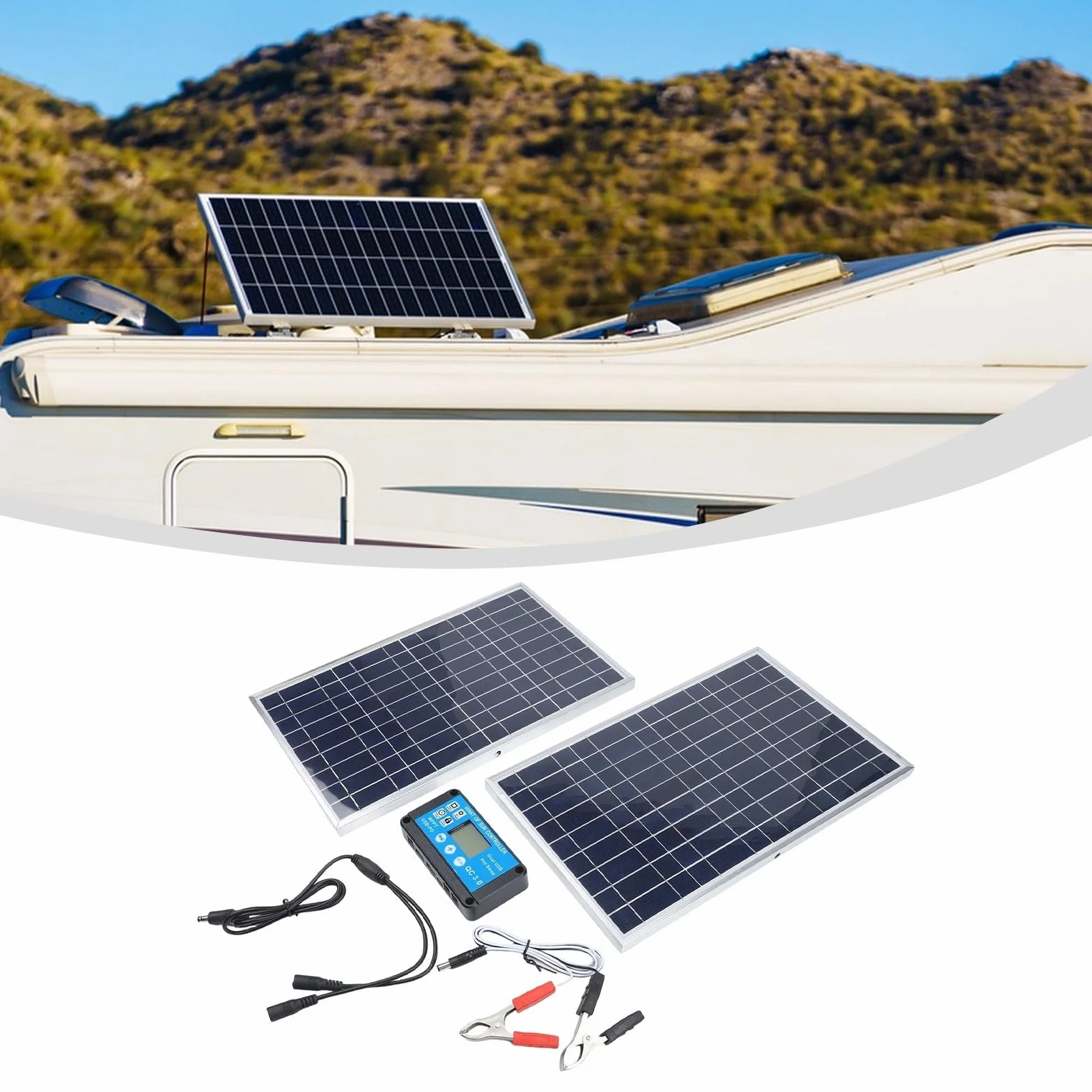Kit Caricabatterie Solare 200W, 12V, Manutentore di Ricarica Lenta, Caricabatterie per Batteria IP65 Impermeabile per Auto, Barca, Campervan (Doppio)