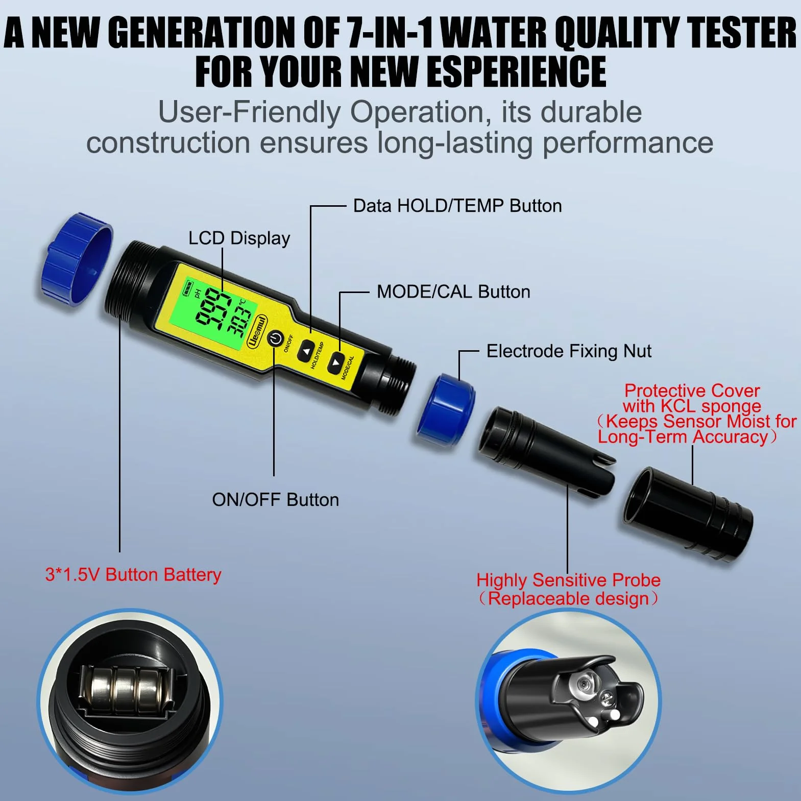 Misuratore pH e Cloro Piscina 7 IN1, Tester pH Cloro (FAC) TDS EC SALT ORP e Temperatura con ATC, pH Meter impermeabile IP67, professionale pHmetro per acqua potabile, idroponica, spa