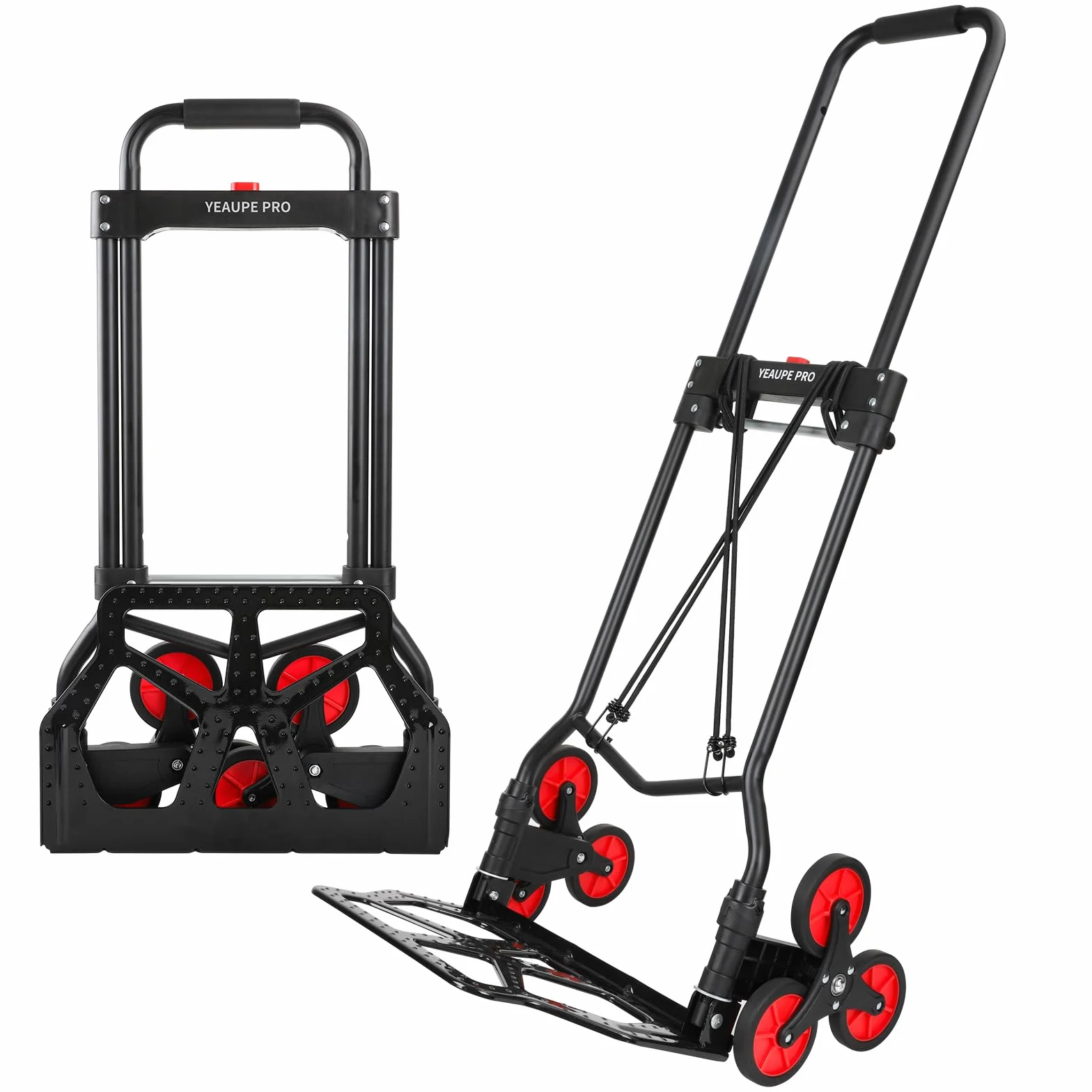 YEAUPE PRO Carrello Saliscale Pieghevole con Manico Telescopico, Ruote in Gomma, 2 Cinghie | Portata 50 kg per Traslochi, Giardino, Trasporto, Nero - Sulle Scale