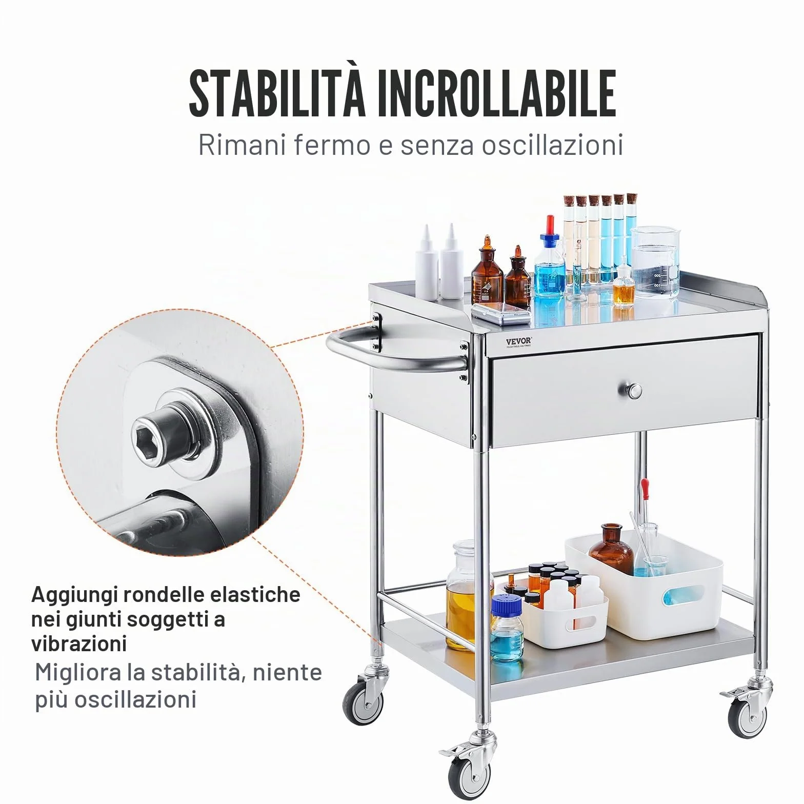 VEVOR Carrello da Laboratorio in Acciaio Inox 2 Ripiani 100kg 710 x 421 x 785 mm