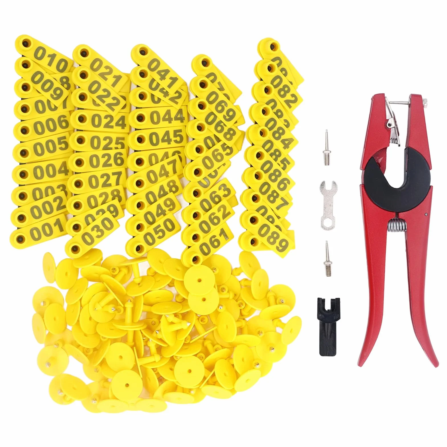 1-100 Marchi auricolari numerati per bestiame Marchio auricolare per animali con applicatore per bovini, cavalli, suini, ovini (Yellow Ear Tag with Red Pliers with 2 Ear Tag)