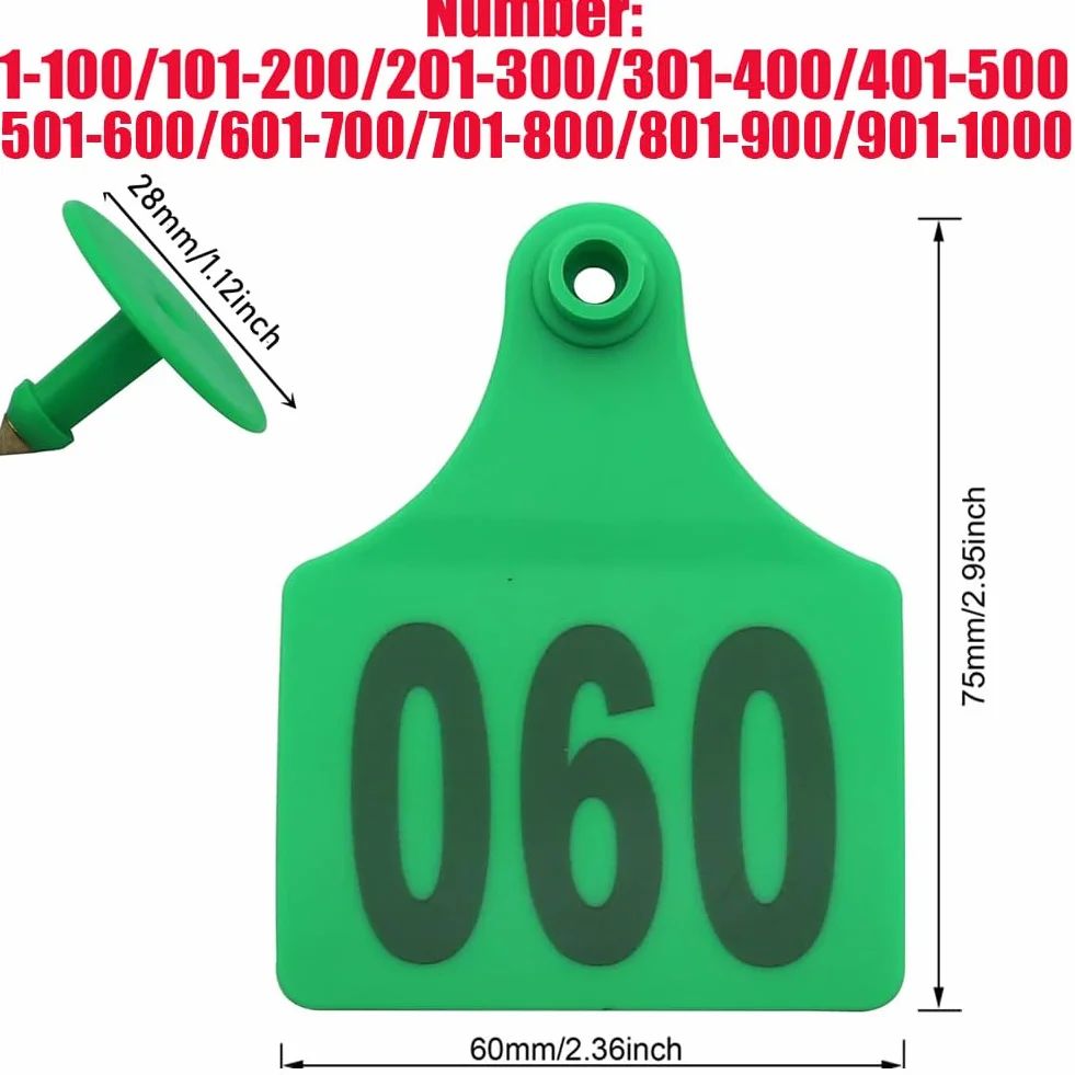 Marchi auricolari per bovini 001-1000 Il marchio auricolare numerico è perfetto per animali da allevamento di piccole e medie dimensioni come mucche, giovenche, vitelli (100 confezioni) 601-700 verde