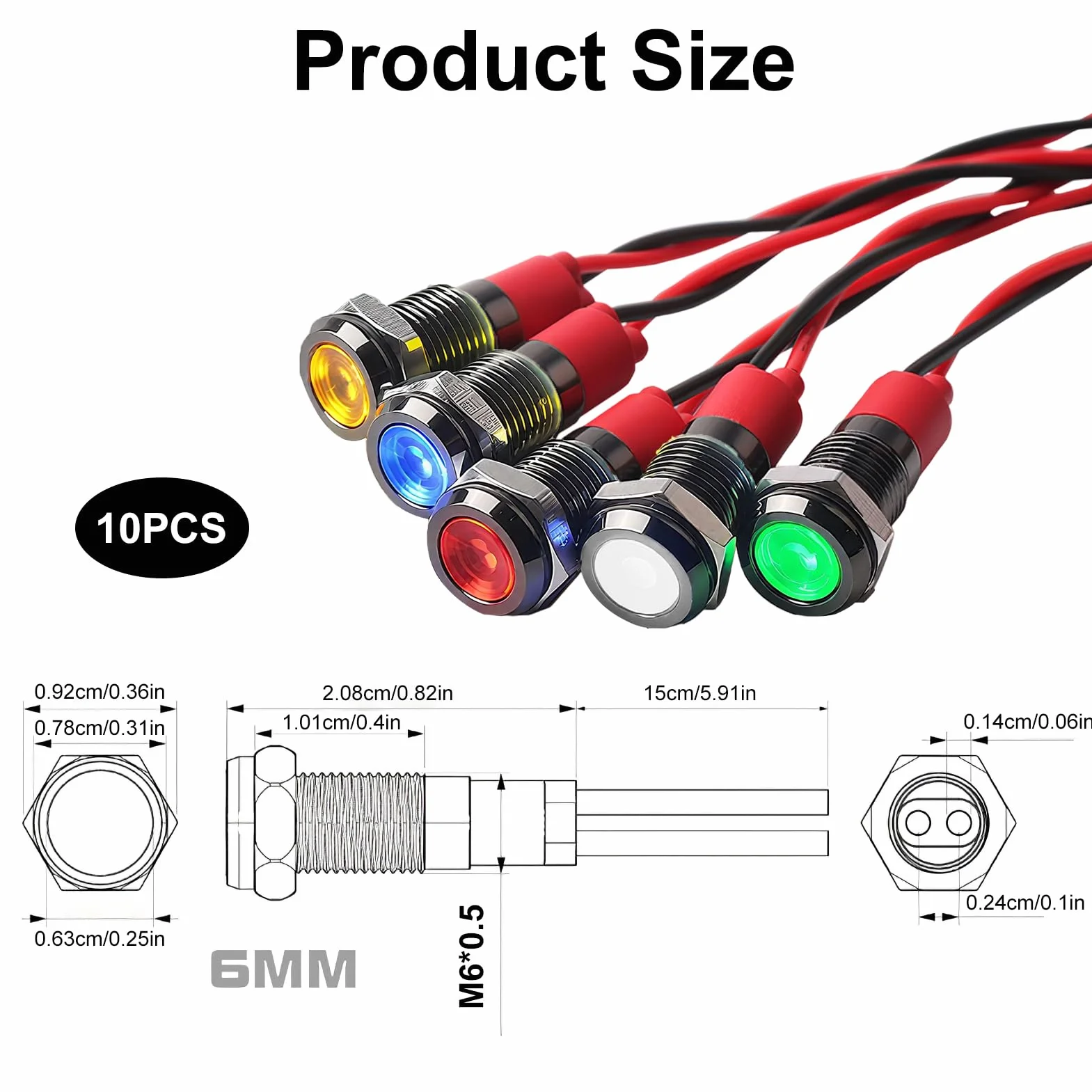 10pcs 6mm Indicatore Luminoso Set AC/DC 12-24V Indicatore Luminoso LED IP67 Impermeabili Spia Luminosa Pannello LED Pilot Dash Spia Lampada Indicatore per Auto Car Van(Rosso/Verde/Blu/Giallo/Bianco)
