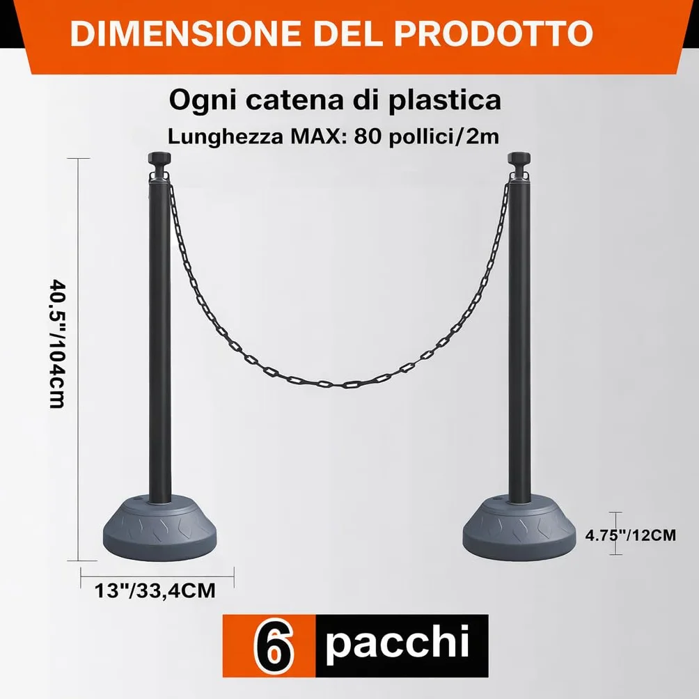 Set da 6 Pali di Contenimento da 102 cm, Posto Delineatore del Traffico con Catene di Plastica e Base Riempita d'Acqua per Parcheggio, Code e Controllo della Folla (Nero)