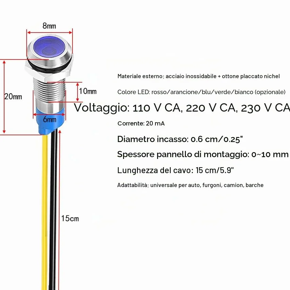 Gebildet 10Pcs 6mm 230VAC LED Indicatore Luminoso in Metallo Lampada di Segnalazione Impermeabile (Verde Arancia Rosso Blu Bianco 10Pcs)