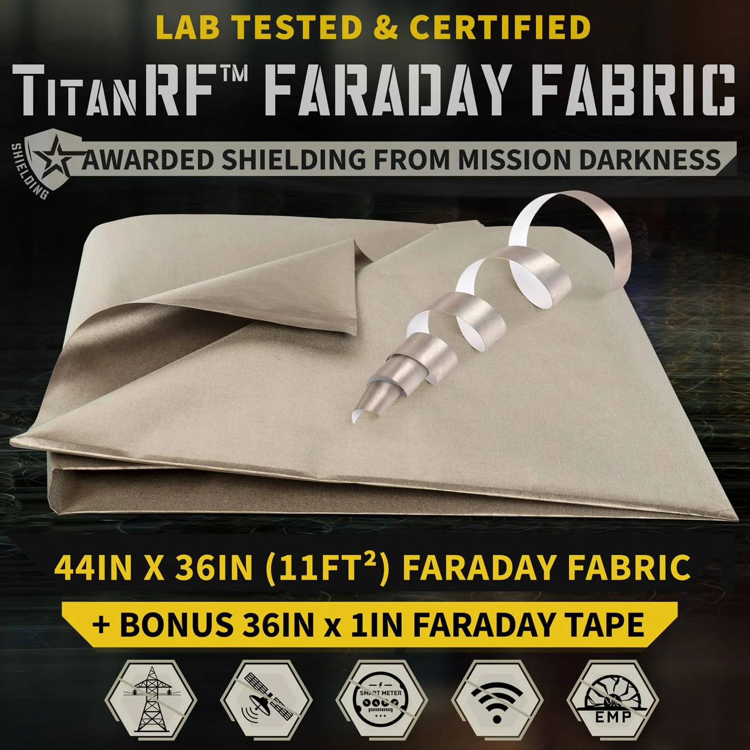 TitanRF Faraday Fabric 44" x 36" (.91m x 1.1m) + Extra 36" TitanRF Tape! Military Grade Certified Material Blocks RF Signals (WiFi, Cell, Bluetooth, RFID, EMF Radiation Shielding)