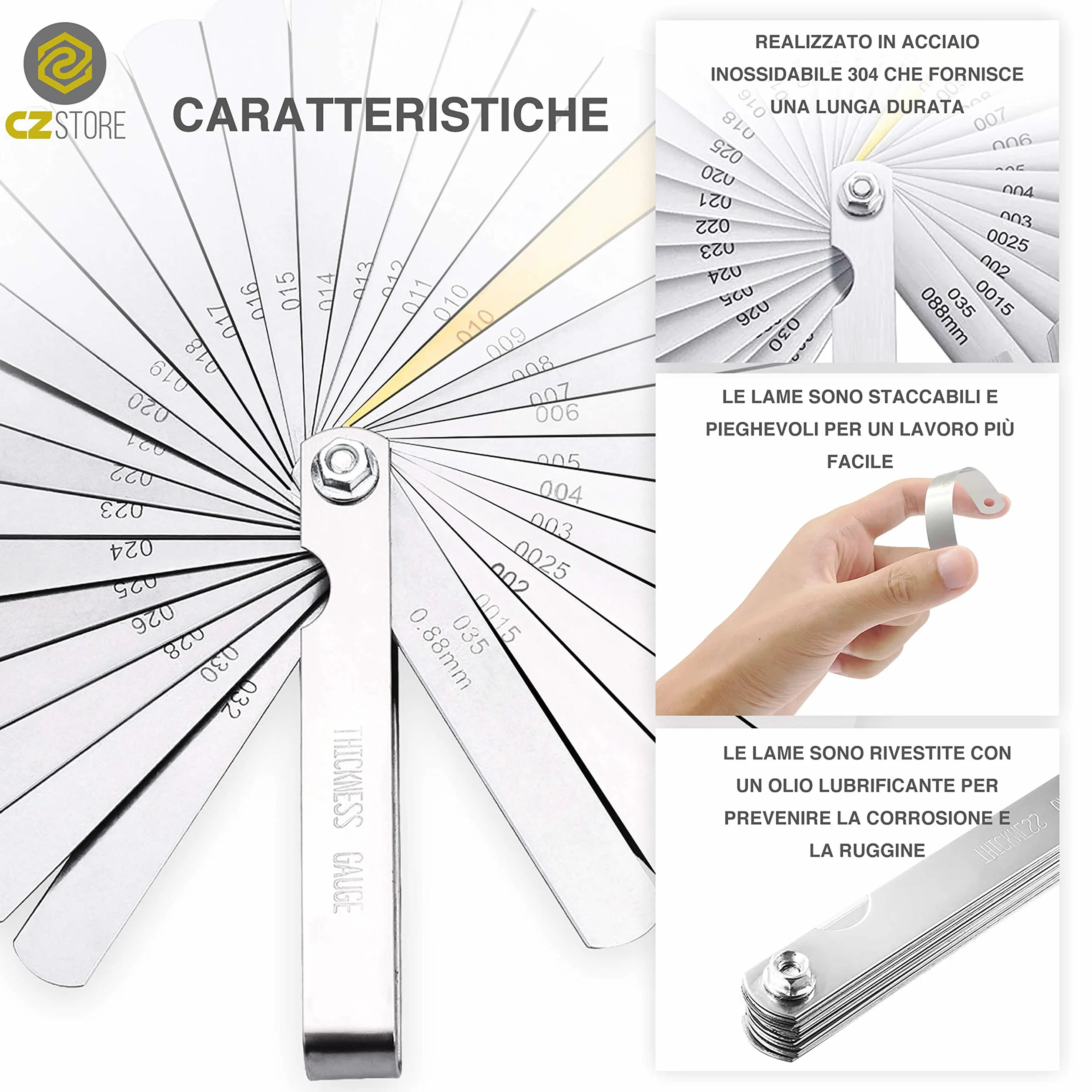 Spessimetro 32 Lame in Acciaio Inossidabile Misurazione 0,04-0,9 mm Pieghevole Doppia Misure Incise