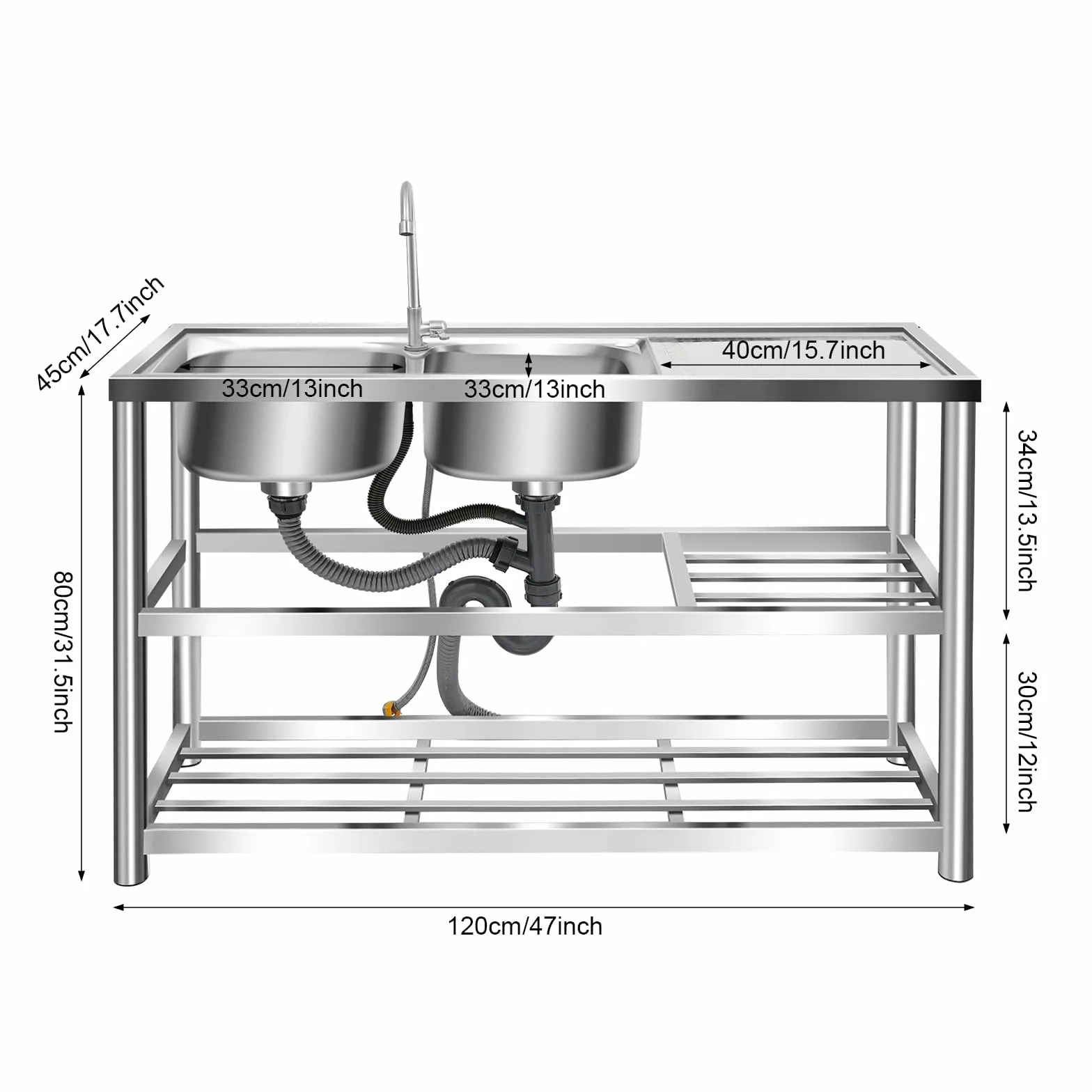 Lavabo in acciaio inox autoportante, capacità di carico 220 lbs, mobile lavello da cucina con rubinetto girevole a 360°, 120 x 45 x 80 cm, lavello commerciale con 2 vasche per ristorante, bar