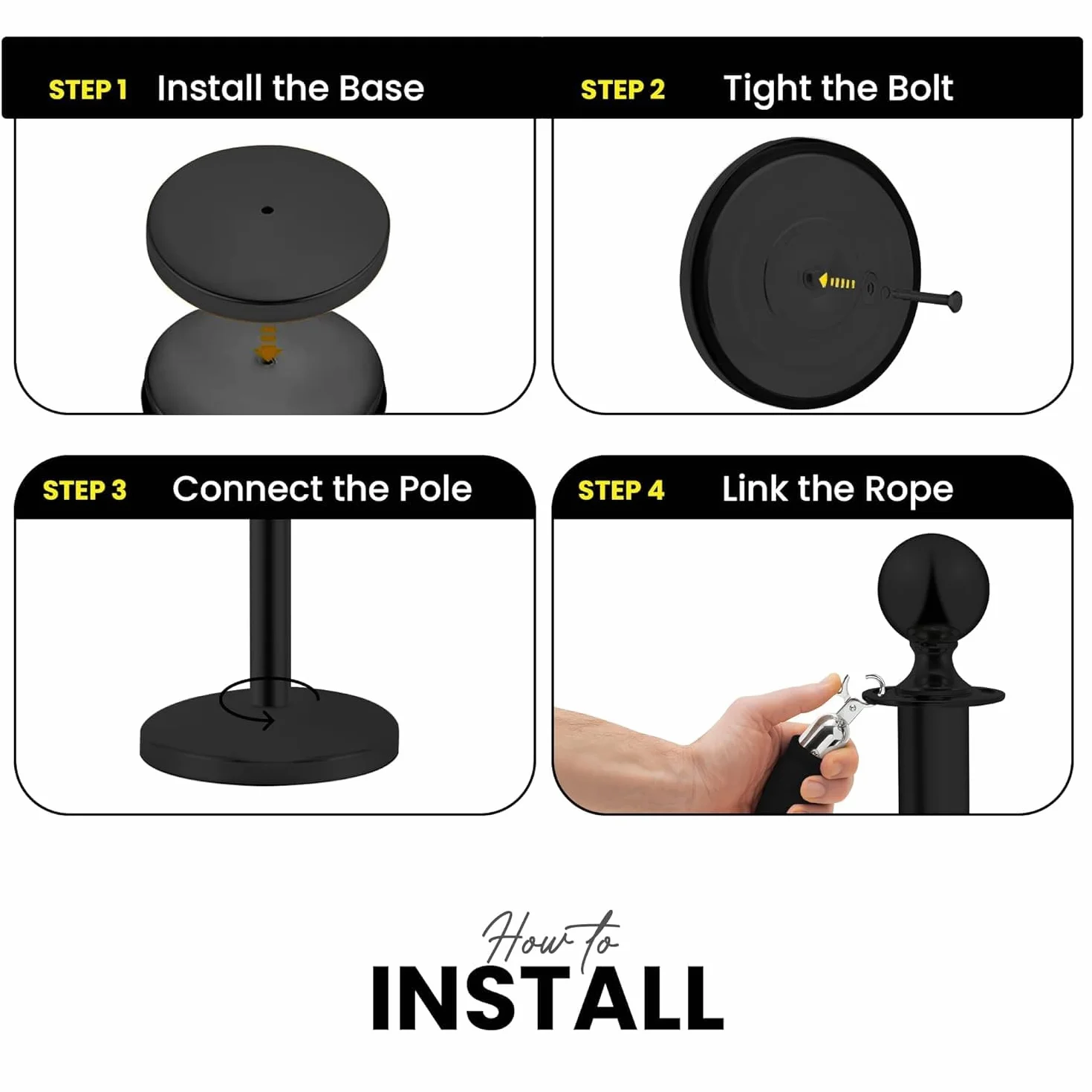 Pali distanziatori in acciaio inox nero, 2 pezzi, 90 cm di altezza, con corda nera da 1,5 m, connessione a 4 vie, base da 31 cm di diametro, controllo della folla