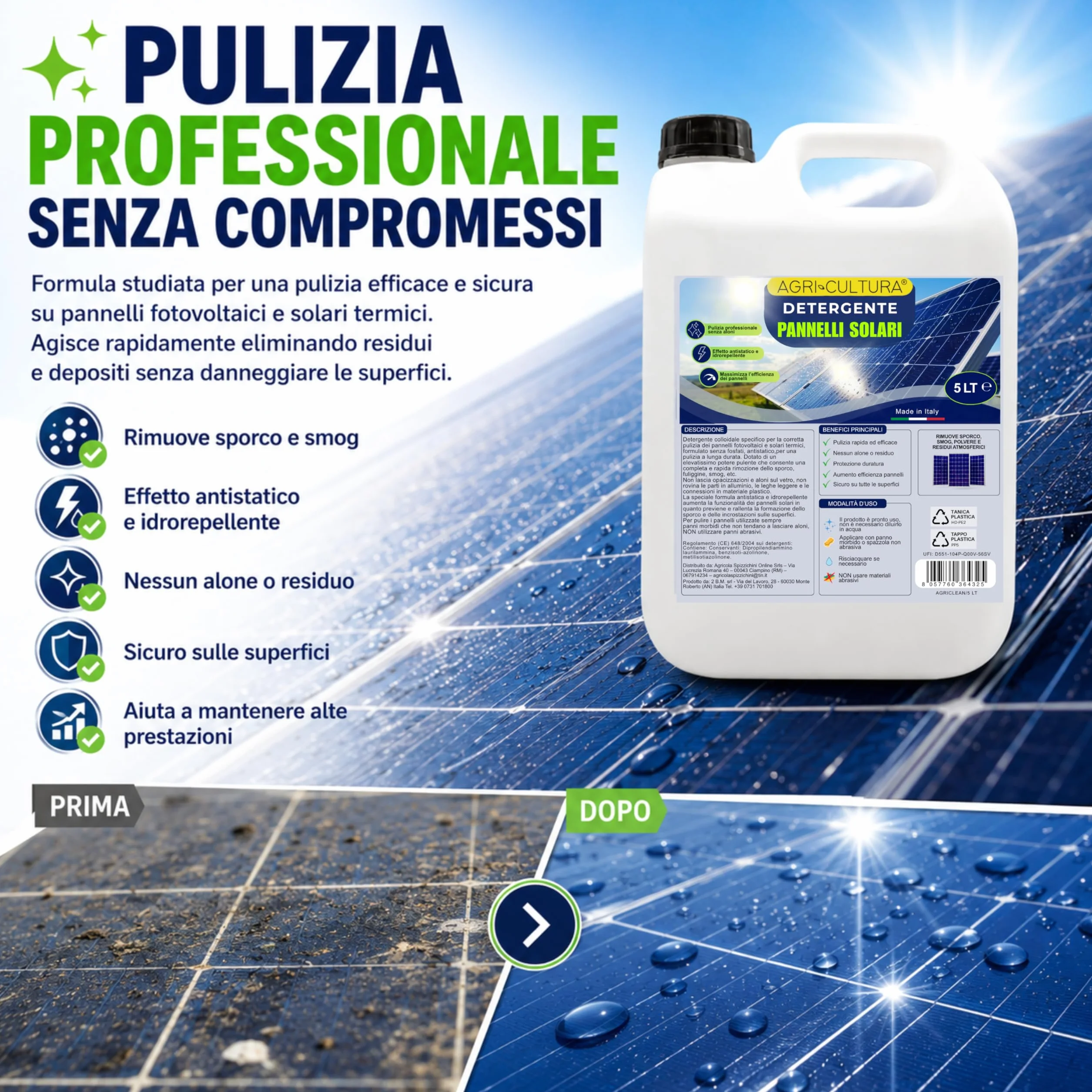 Detergente Pannelli Fotovoltaici 5L Antistatico Senza Aloni