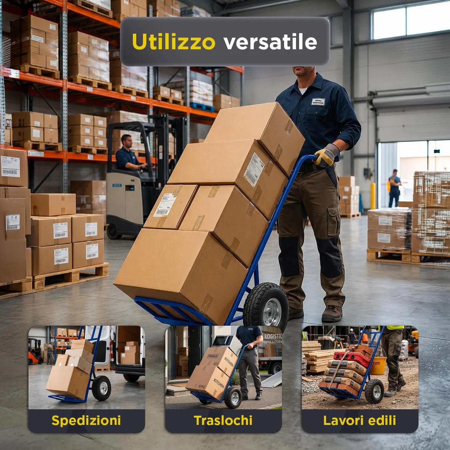 Avilia - Carrello Portapacchi con 2 Ruote Pneumatiche – Struttura in Metallo, 250 kg | Carrello Saliscale con Manico Ergonomico, Multiuso Traslochi, Edilizia, Terreno (Blu, Chilogrammi, 250)