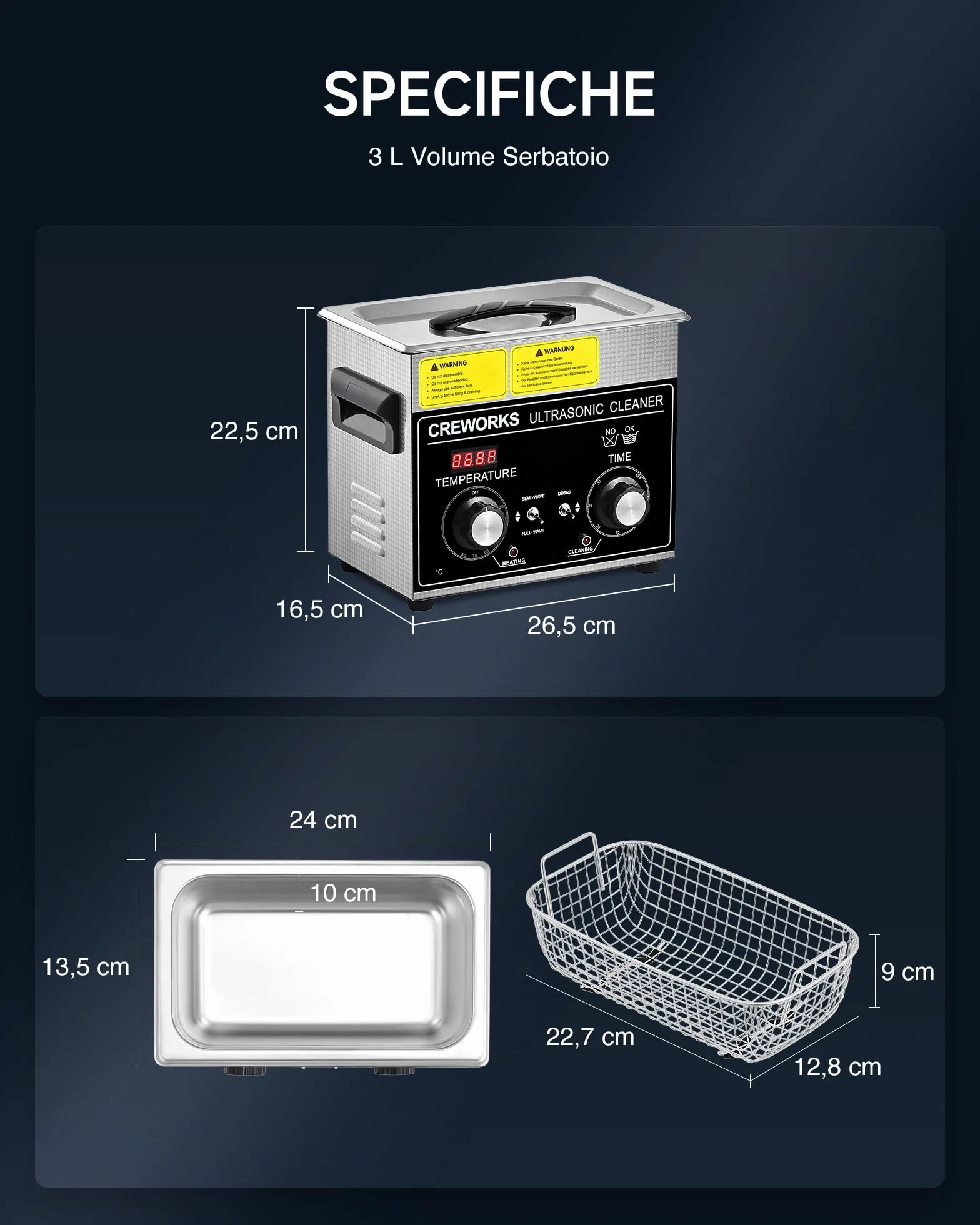 Pulitore Ultrasuoni 3L 120W Acciaio Inossidabile con Riscaldatore Timer Degas