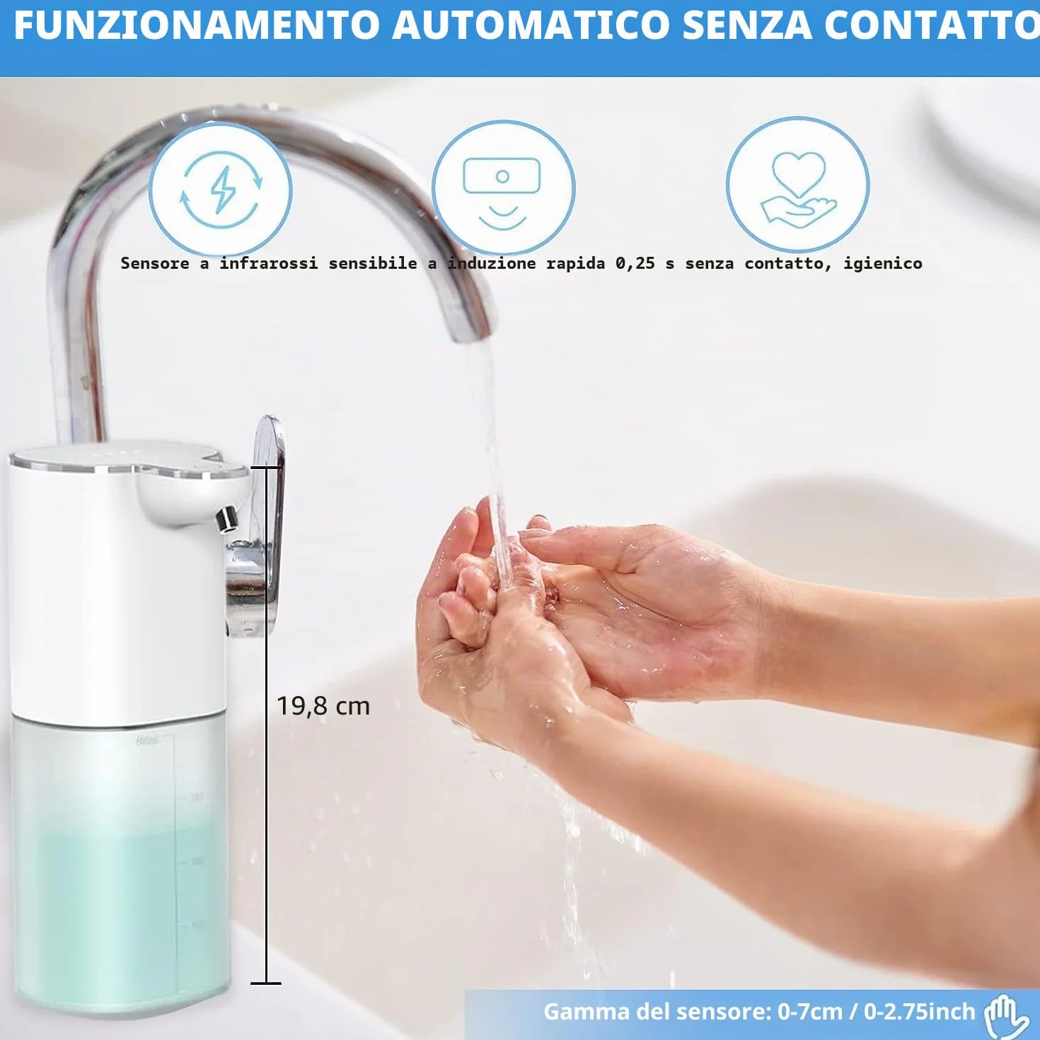 Sapone Liquido Automatico Senza Contatto Ricaricabile 400 ML con Supporto da Parete, 4 Volumi Schiuma Regolabile, Elettrico IPX5 Sensore Movimento Infrarosso, Pulizia Automatica