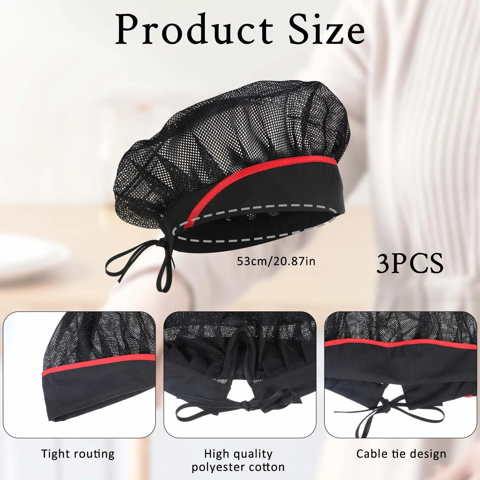 Giantree 3 cappelli da cuoco nero, cappello da cucina elastico regolabile riutilizzabile