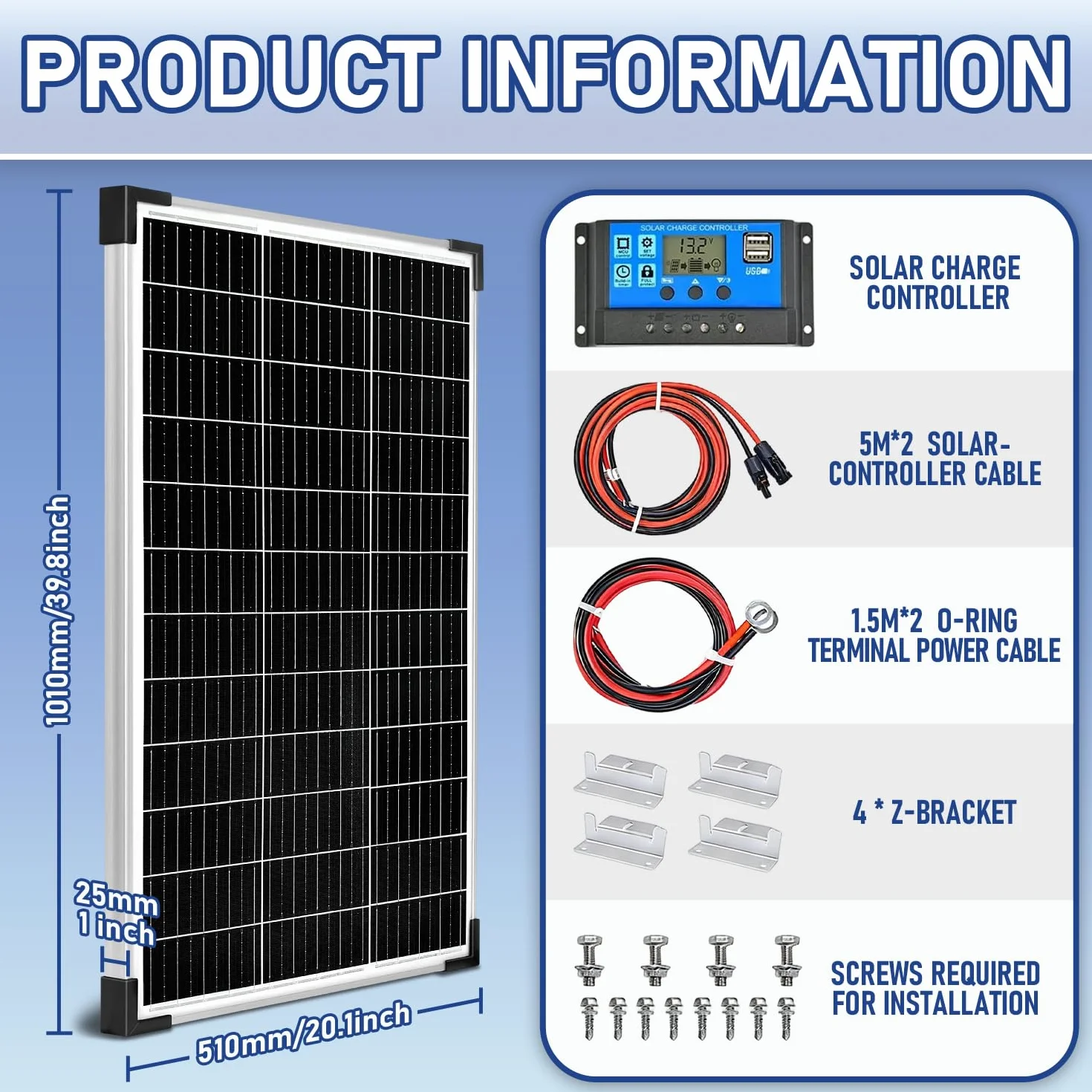 Pannello solare da 100 W, 12 V, pannello solare monocristallino, 100 Watt, con regolatore di carica da 20 A, per carica di energia indipendente da 12 Volt per camper, barca, roulotte, casa