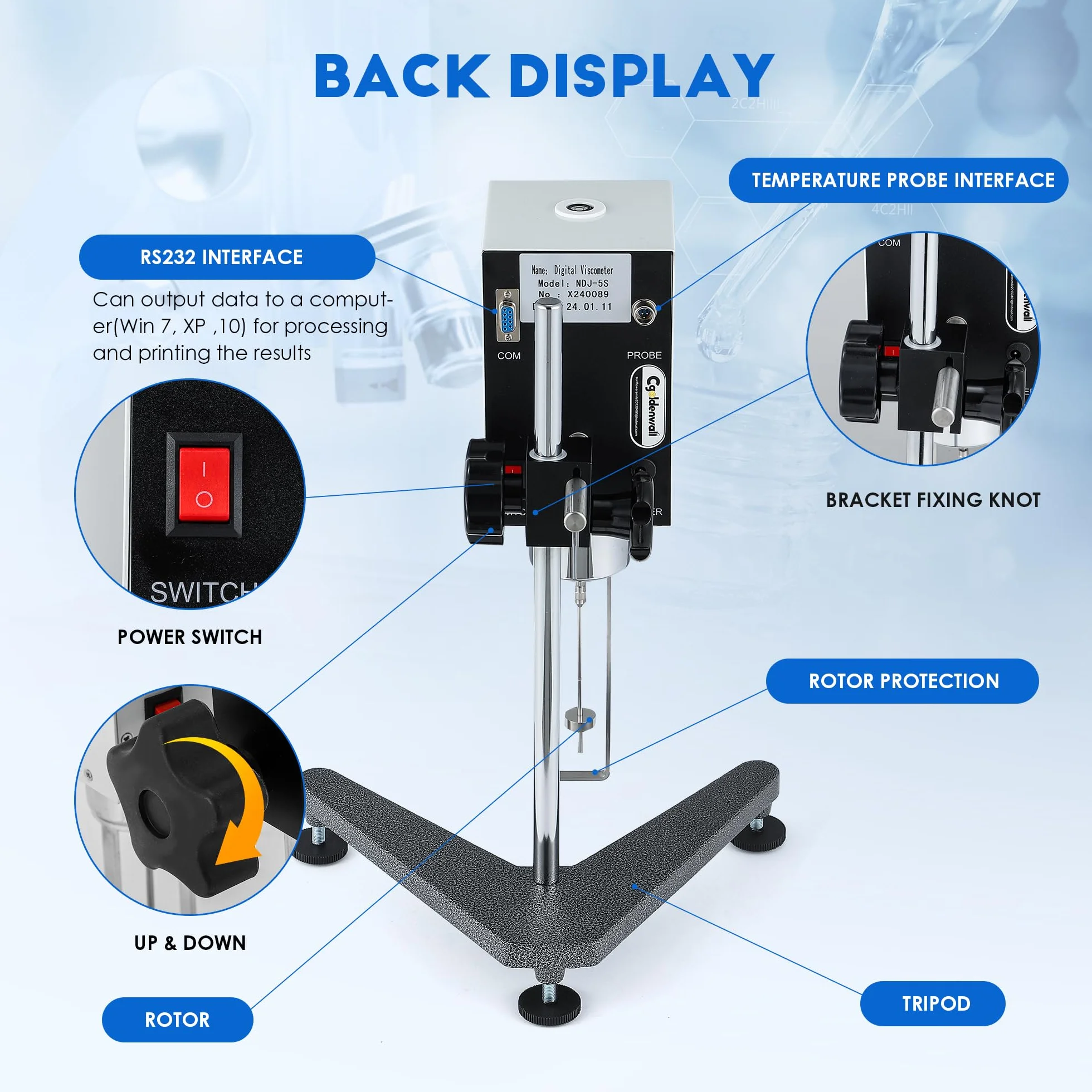 CGOLDENWALL NDJ-5S Viscosimetro Rotazionale Digitale, 1-100.000 mPa·s, Precisione ±3%, 5 Rotori, 4 Velocità, LCD Retroilluminato