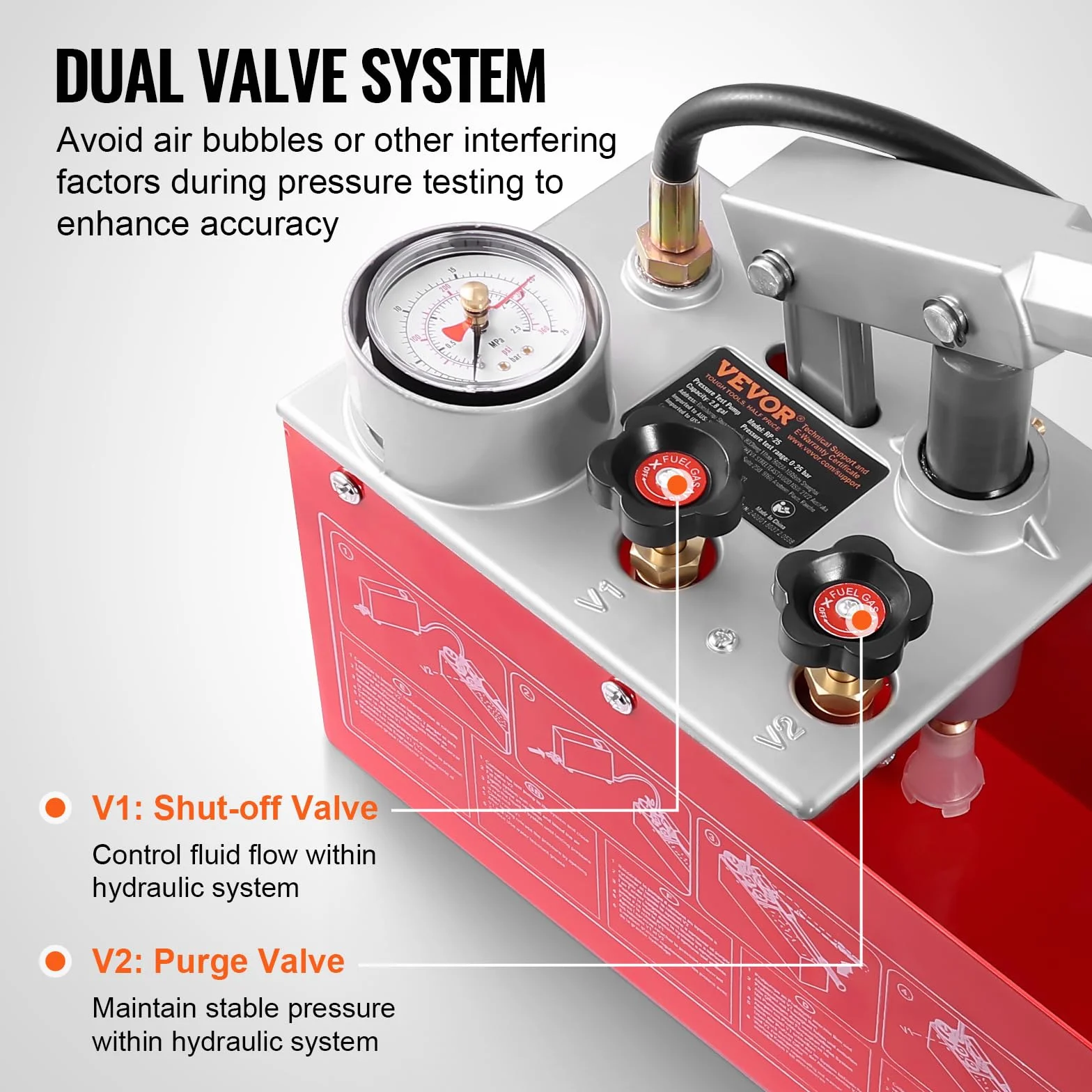 VEVOR Pompa di Prova Idrostatica, Max 25 Bar/362 PSI, Kit Tester Manuale della Pressione dell'Acqua Idraulica a Doppia Valvola con Manometro Serbatoio Acqua da 2,8 Gal, Tubo da 4,6 Piedi