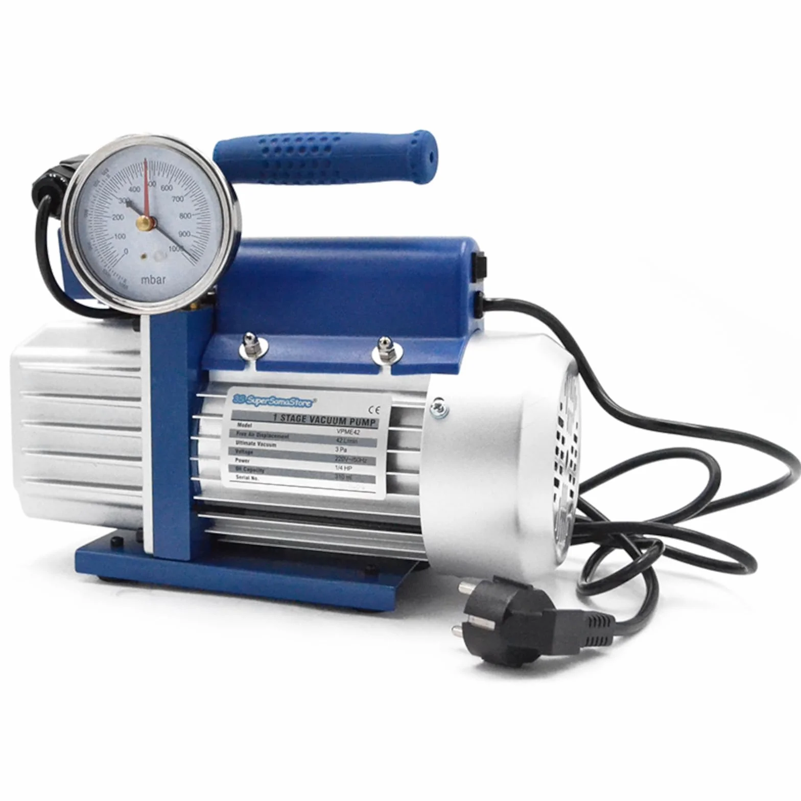 3S SuperSamaStore Pompa del Vuoto Monostadio 42 Litri/Minuto con Elettrovalvola, Vacuometro e Maniglia Ergonomica, Inclusi Olio e Spina Schuko, Modello VPME42
