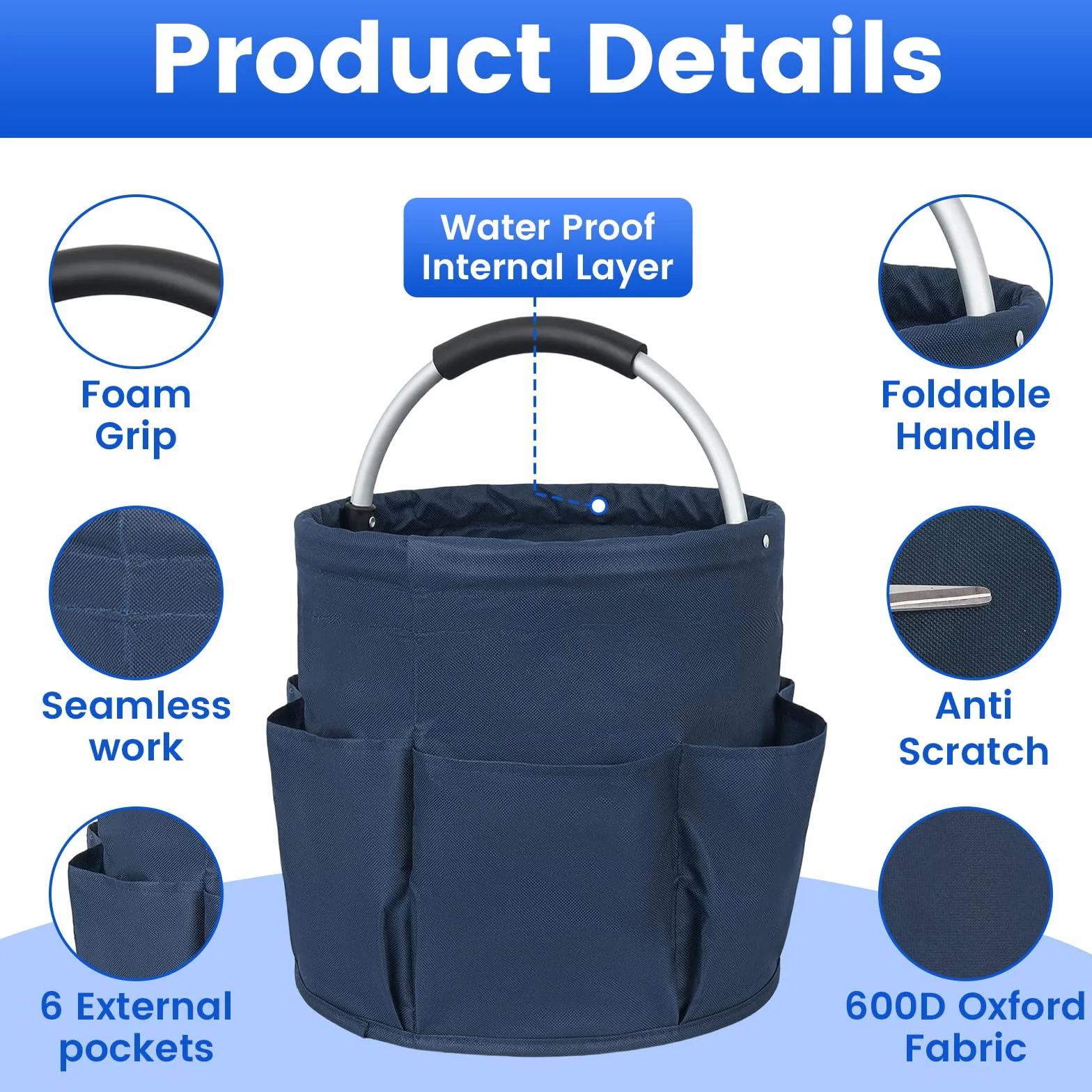 Carello Pulizie con Manico,2 Cestini Porta Atrezzi con 6 Tasche Esterne,Borsa Organizer Pieghevole Sacca Portaoggetti Borsa per Utensili di Pulizia,Contenitore per Pulizia Professionale,Blu