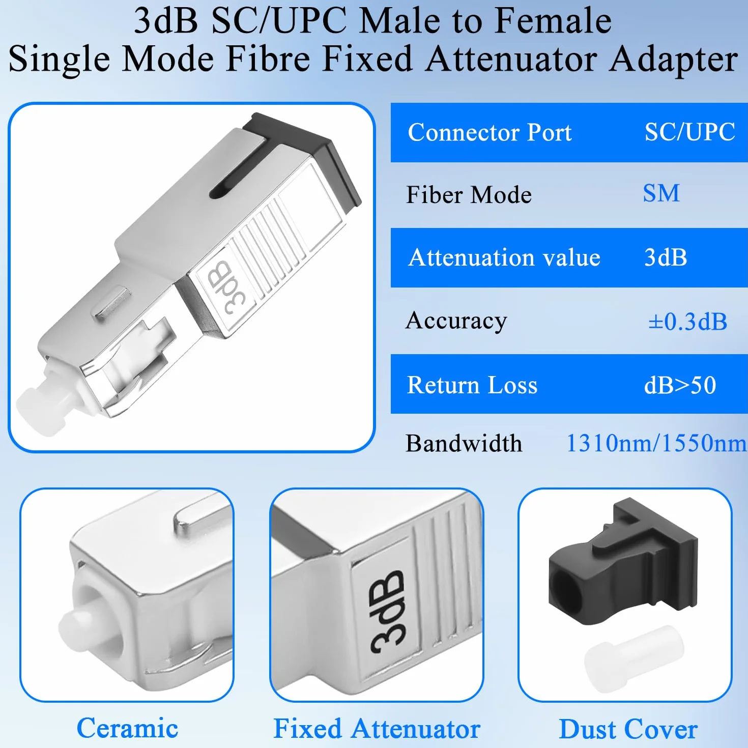 QIANRENON 3dB SC/UPC Attenuatore fisso in fibra ottica Adattatore SC maschio a femmina Singlemode Connettore ottico fisso Attenuatore valore attenuatore 3dB±0,3, per rete in fibra ottica CATV FTTH PON