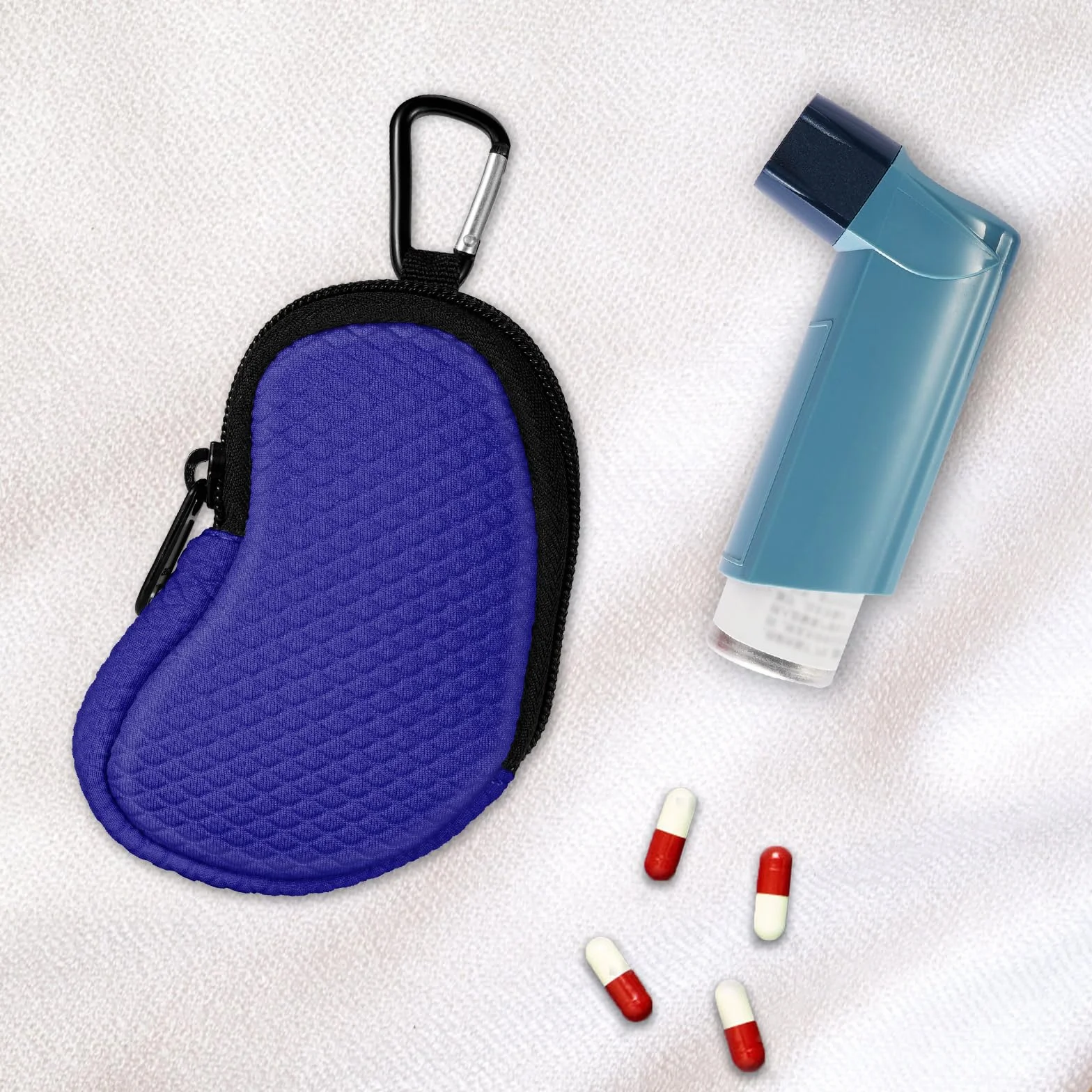 MEDMAX Custodia in neoprene per Inalatore, Leggera Protettiva Borsa da Viaggio con Moschettone, Blu Marino