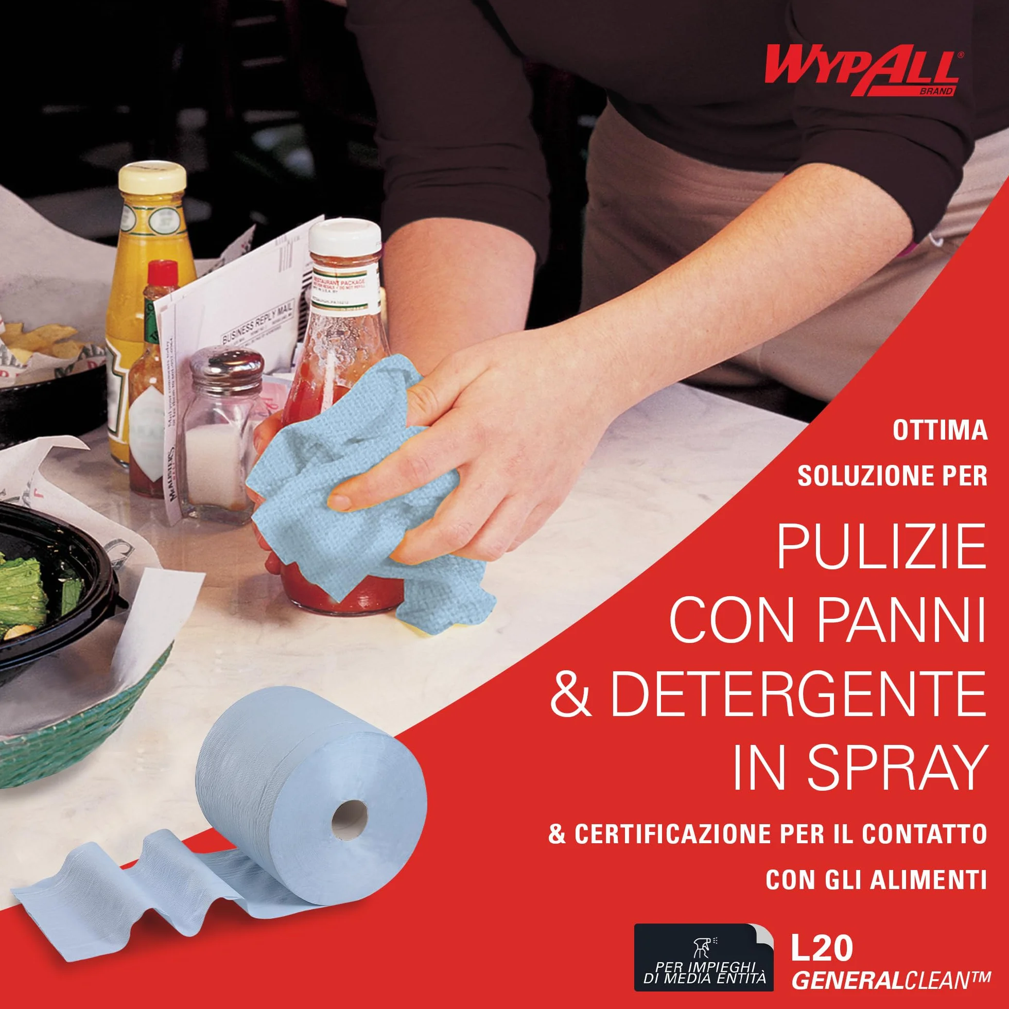 WypAll L20 Maxi Rotolo Panni Carta 7300, 2 Veli, Blu, 500 Fogli, Biodegradabili, Certificato Contatto Alimentare