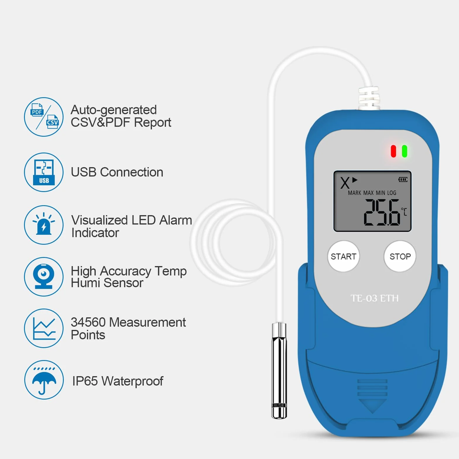 ThermElc TE-03 ETH Zewnętrzny Rejestrator Temperatury i Wilgotności z Sondą, MKT, 32.000 Punktów, USB PDF/CSV