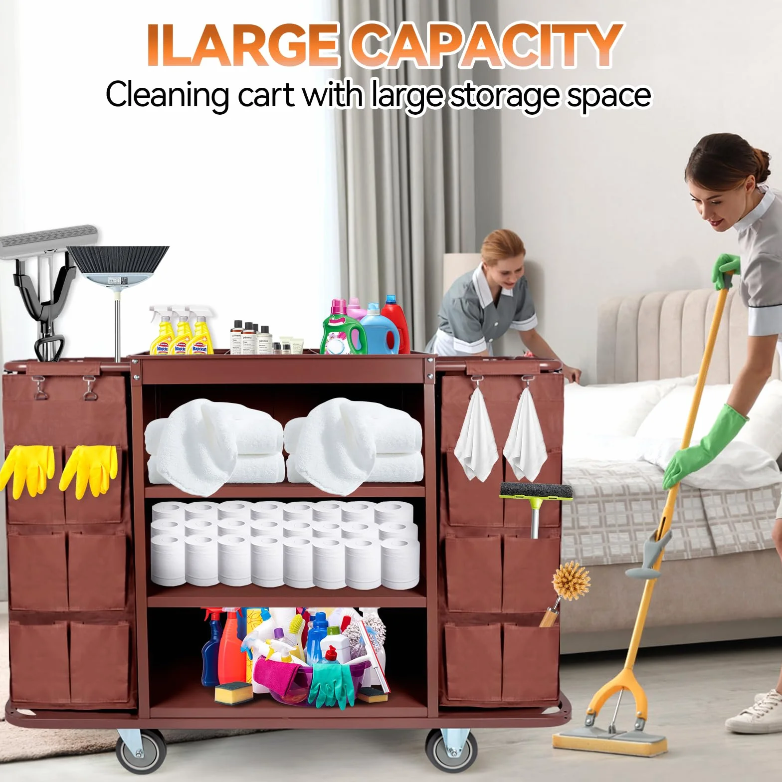 EBANKU Carrello multifunzionale per hotel, carrello per pulizie commerciali e carrello per pulizie con sacco capiente e ruote
