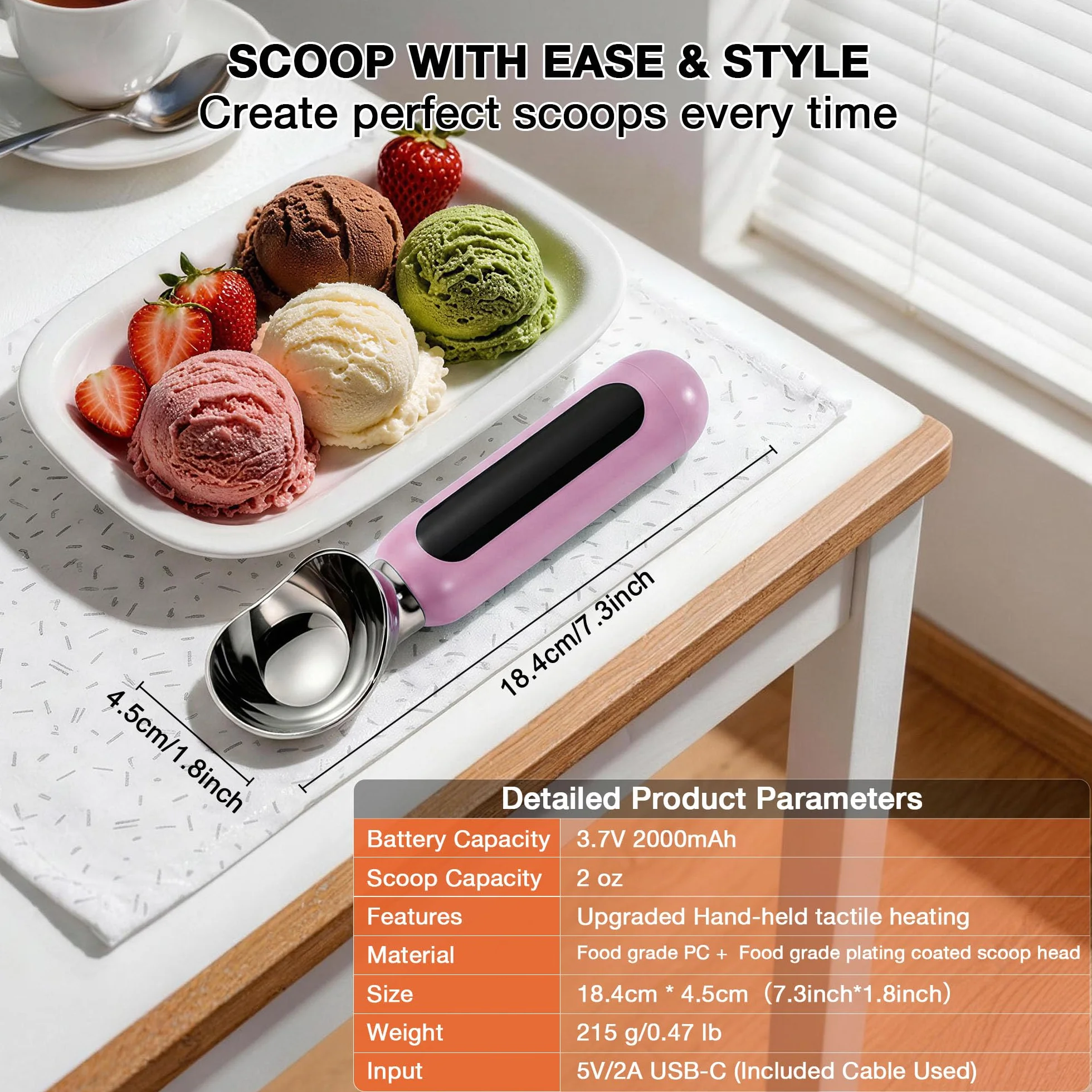 Paletta per gelato riscaldata, ricaricabile, elettrica, con display a LED, interruttore on/off, impermeabile IP67, riscalda fino a 70 °C, per gelato duro (rosa)