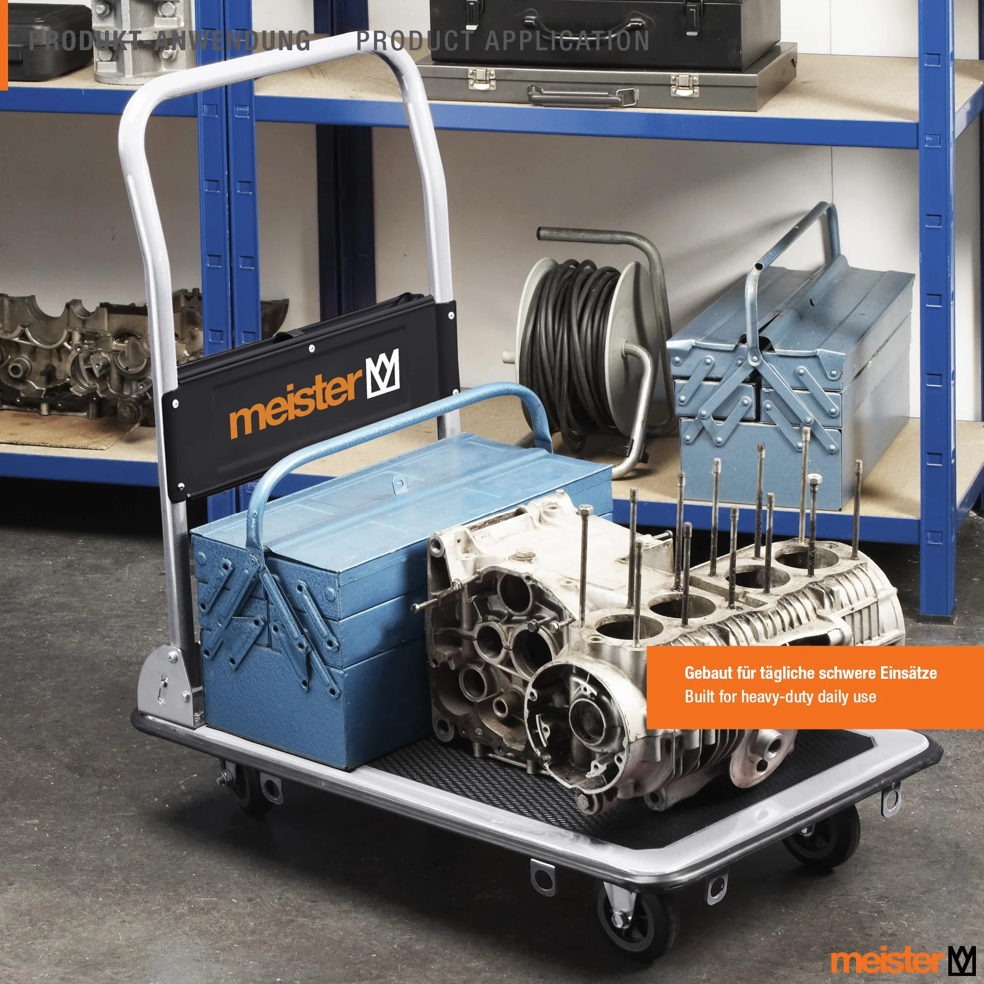 Meister Carrello piattaforma pieghevole - Portata 150 kg - Freno stazionamento / Trasporto ruote girevoli / Pacchi antiscivolo / Carrello acciaio pieghevole / 8985530