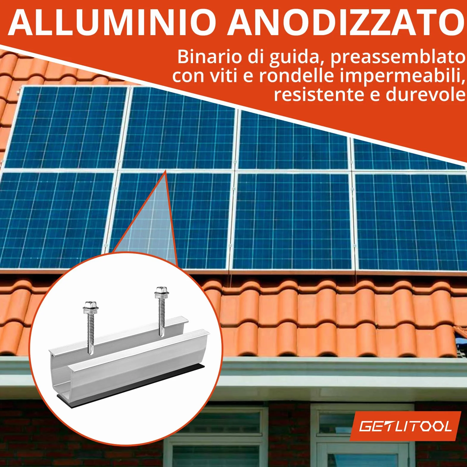 GETLITOOL Set Guide Morsetti Regolabili per Pannello Solare 30-35 mm, 6 Binari 120x25mm, 4 Morsetti Terminali, 2 Staffe Centrali