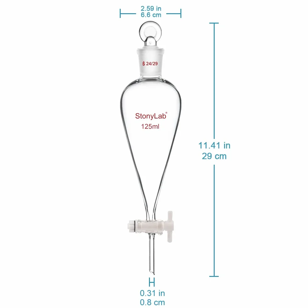 stonylab 125ml Imbuto Separatore con Rubinetto di Arresto in Vetro, Imbuto Laboratorio Conico a Forma di Pera con Parete Pesante in Vetro Borosilicato con Giunto 24/29, Separatory Funnel