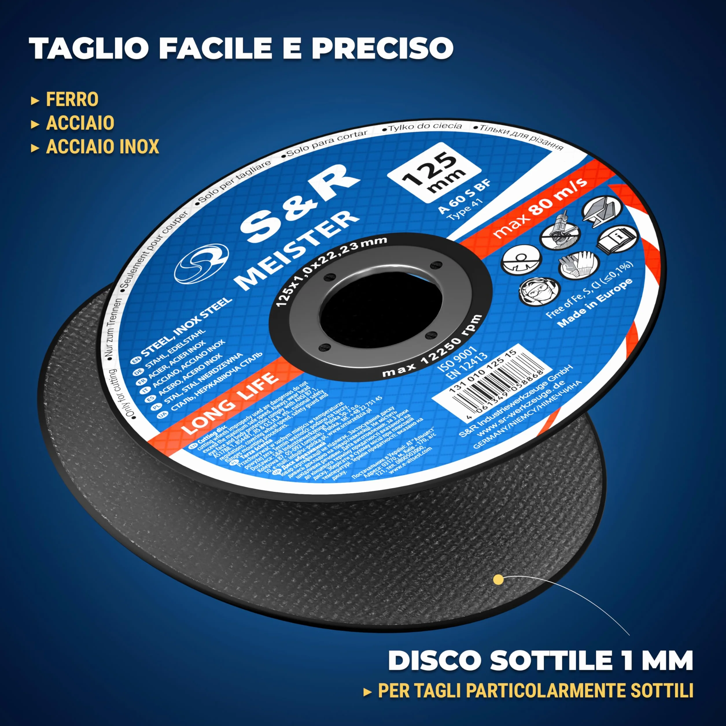 S&R Disco da Taglio Metallo 125 x 1 mm. Disco 125mm Smerigliatrice per taglio Ferro e Acciaio Inox - Disco per metallo ultra sottile 1 mm - 15pz