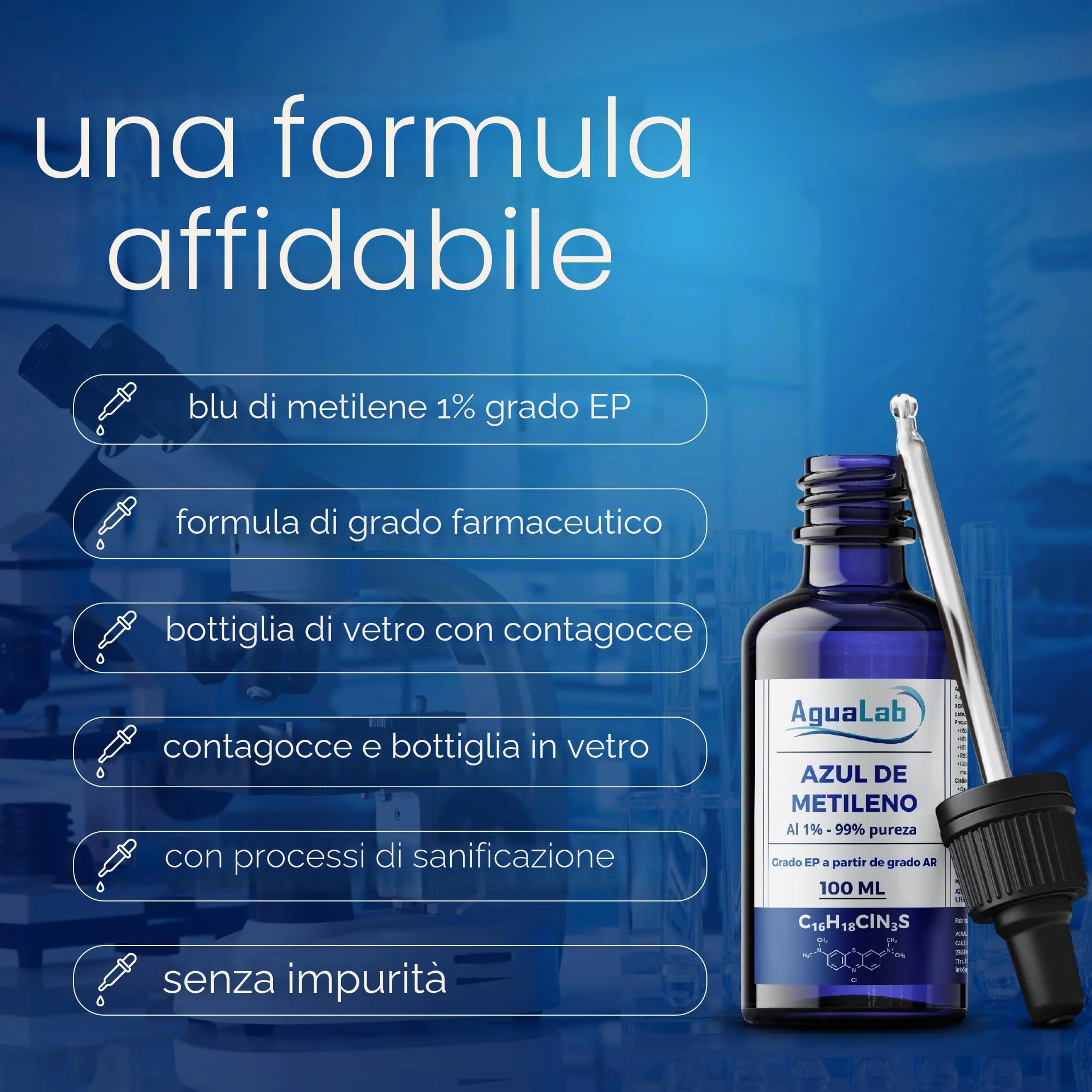 Blu di Metilene 1% Soluzione Grado EP 100 ml Alta Purezza 99% Flacone di Vetro Ambra con Dosatore